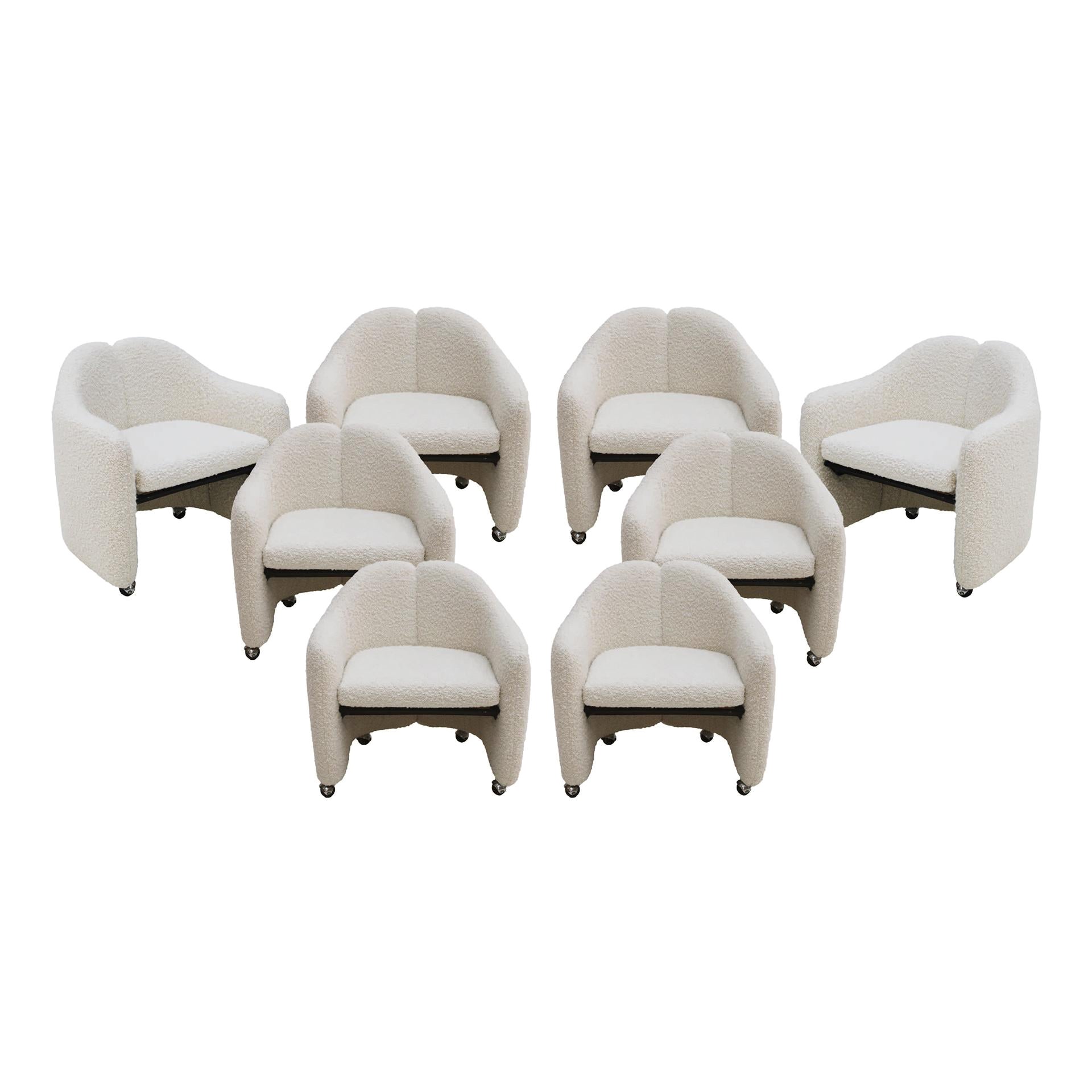 Eight Dining Chairs Model PS142 By Eugenio Gerli, Ivory Wool Fabric, Italy 1960