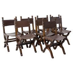 Eight dining chairs vintage Mid-20th century Spanish Studs Leather & Wood