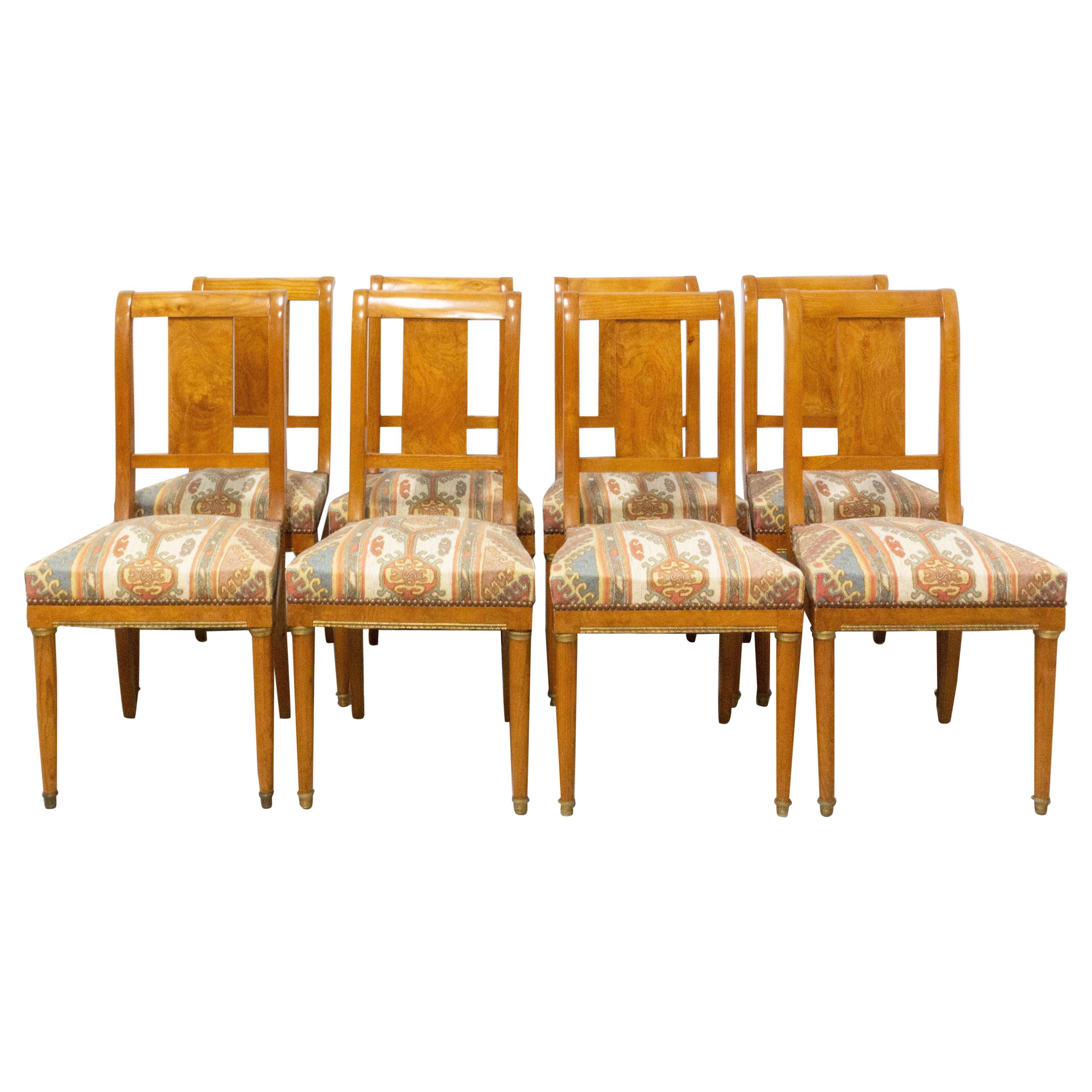 Eight Dining Empire Style Chairs Upholstered French Elm and Burr Elm, circa 1920 For Sale