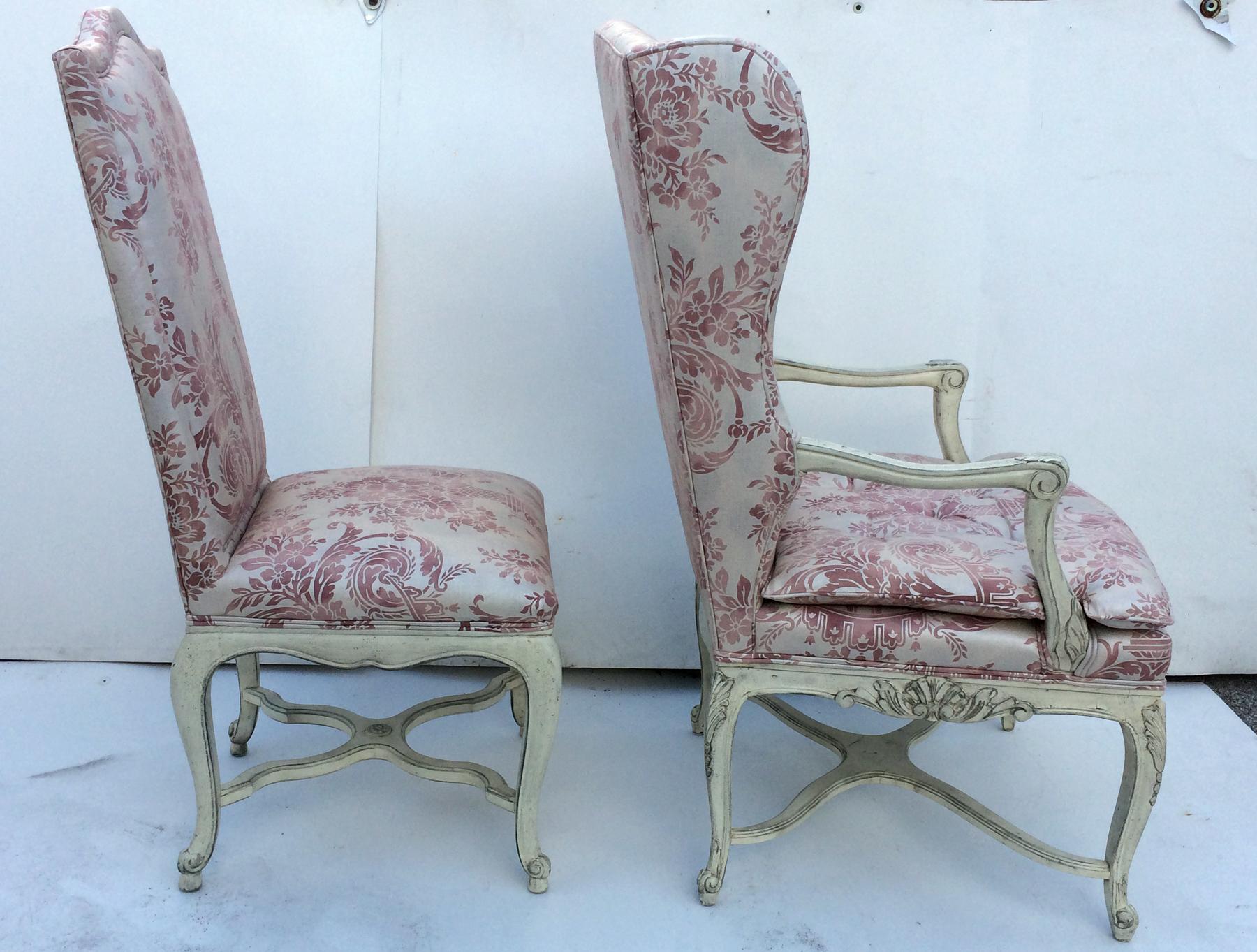 Set of eight dining chairs two armchairs and six side chairs with a white wash finish, red Fortuny style fabric all in very clean condition.
Measures: Armchairs 27 wide 30 deep by 46 high.

Measures: sides measure 20 wide by 20 deep by 46 high.
 