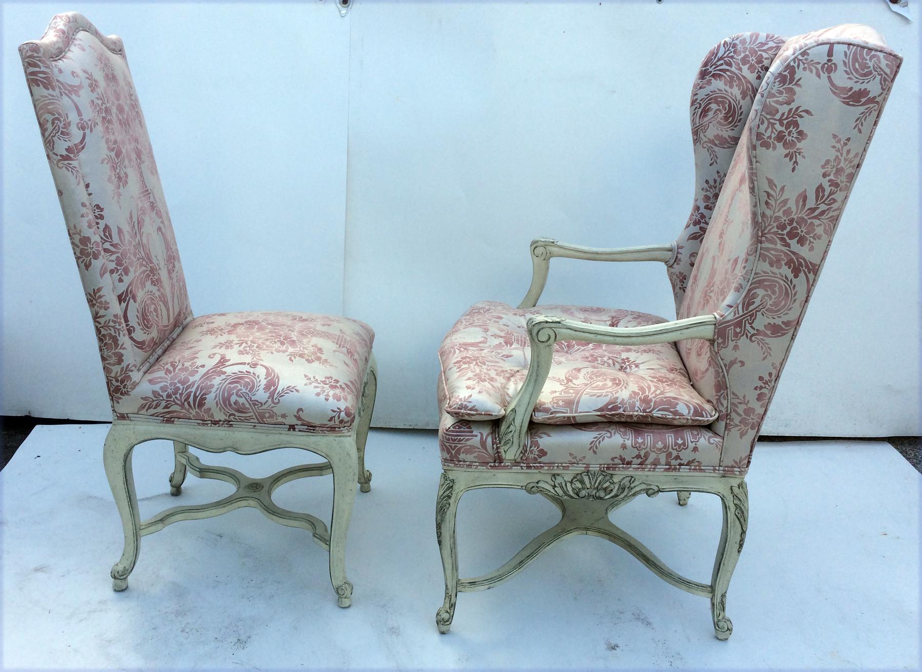 Eight Dining Room Chairs with Fortuny Style Fabric 1
