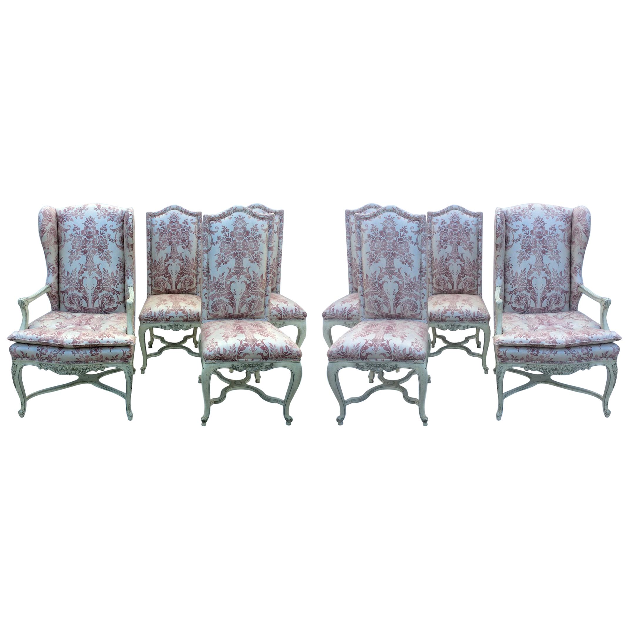 Eight Dining Room Chairs with Fortuny Style Fabric