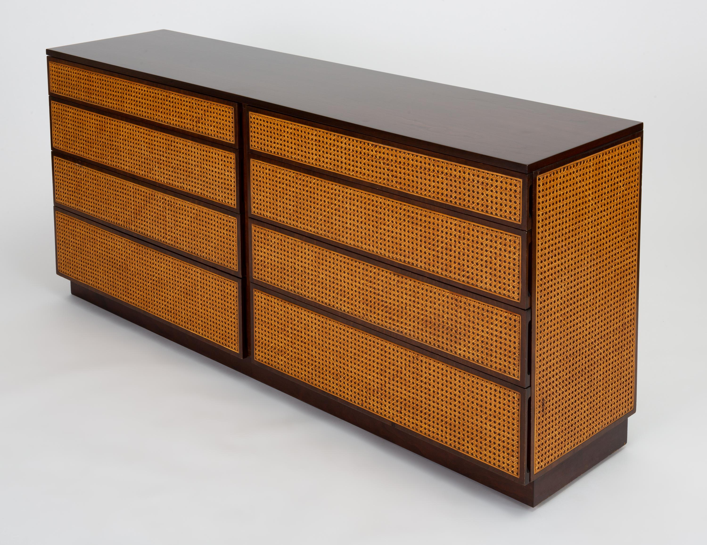 Mid-Century Modern Eight Drawer Dresser with Woven Cane Paneling from Directional Custom Collection