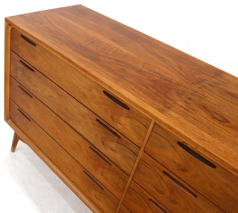 Eight Drawers Scandinavian Walnut Double Dresser on Tall Dowel Legs For