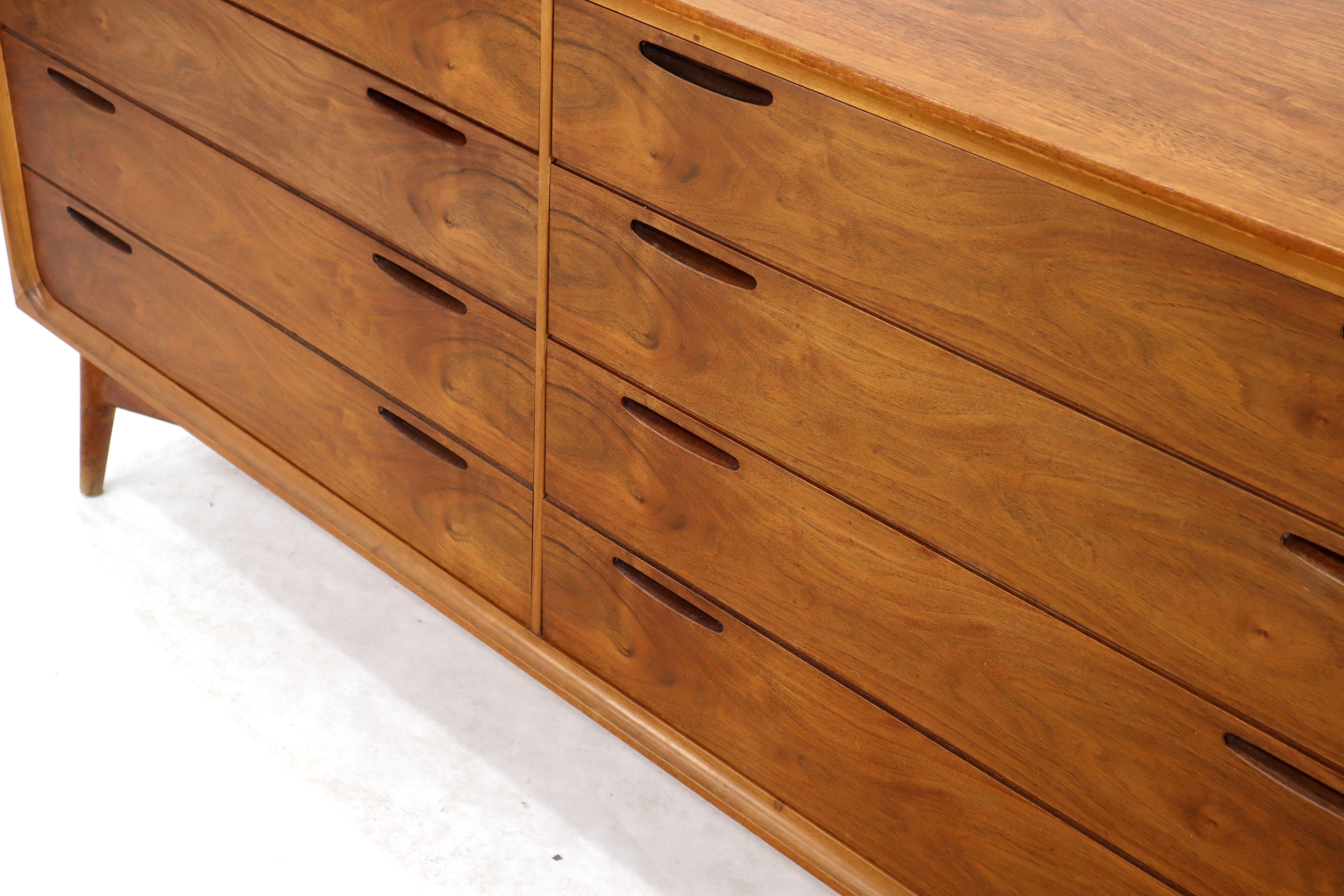 Mid-Century Modern Eight Drawers Scandinavian Walnut Double Dresser on Tall Dowel Legs For Sale