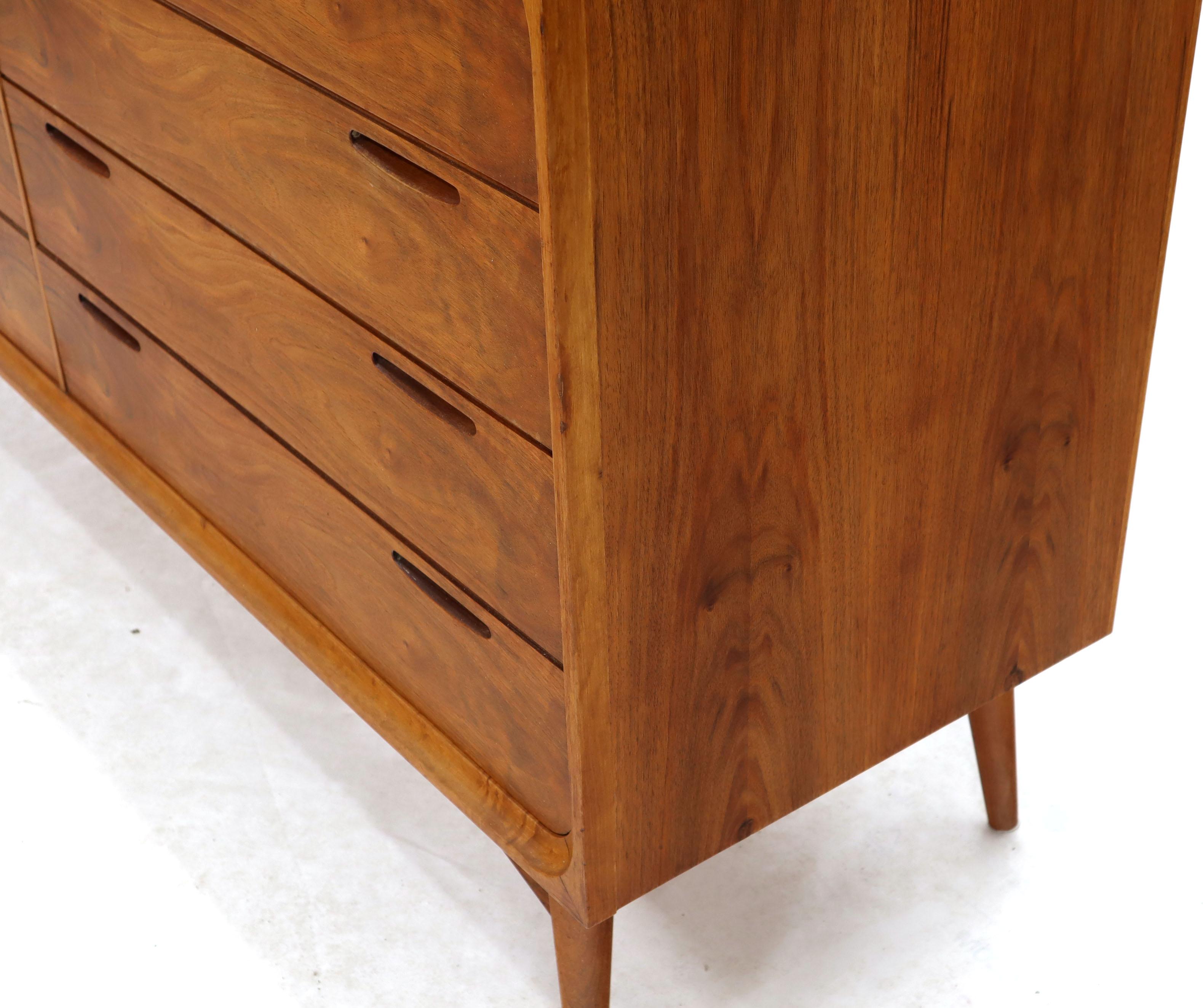 Lacquered Eight Drawers Scandinavian Walnut Double Dresser on Tall Dowel Legs For Sale
