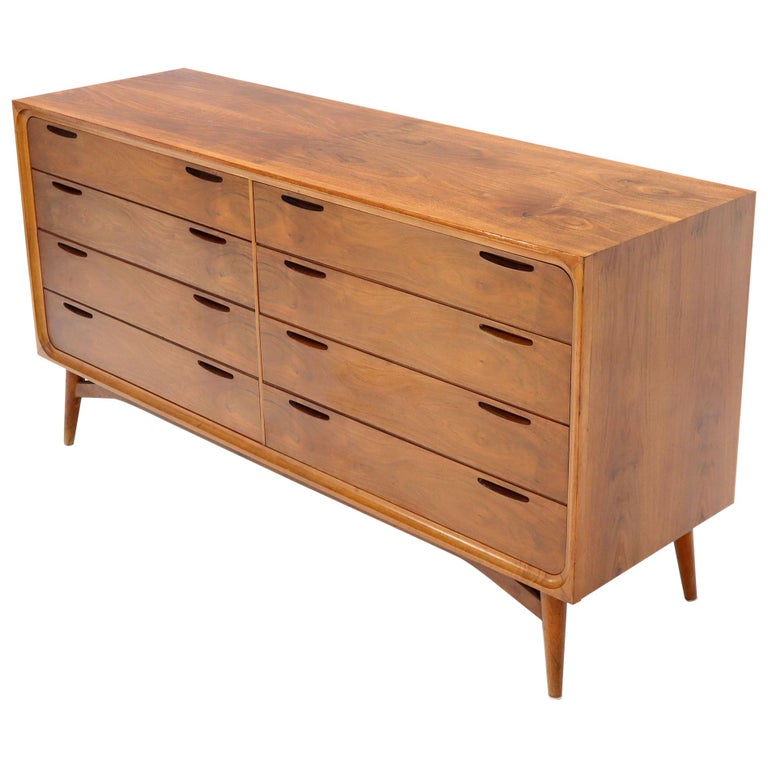 Eight Drawers Scandinavian Walnut Double Dresser on Tall Dowel Legs Eight Drawers Scandinavian Walnut Double Dresser on Tall Dowel Legs
