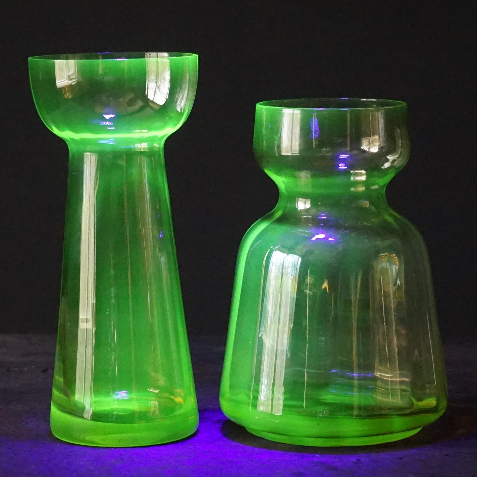 Mid-20th Century Eight Dutch 1960 Royal Leerdam Crystal and Rimac Baarn Bulb Vaseline Glass Vases For Sale