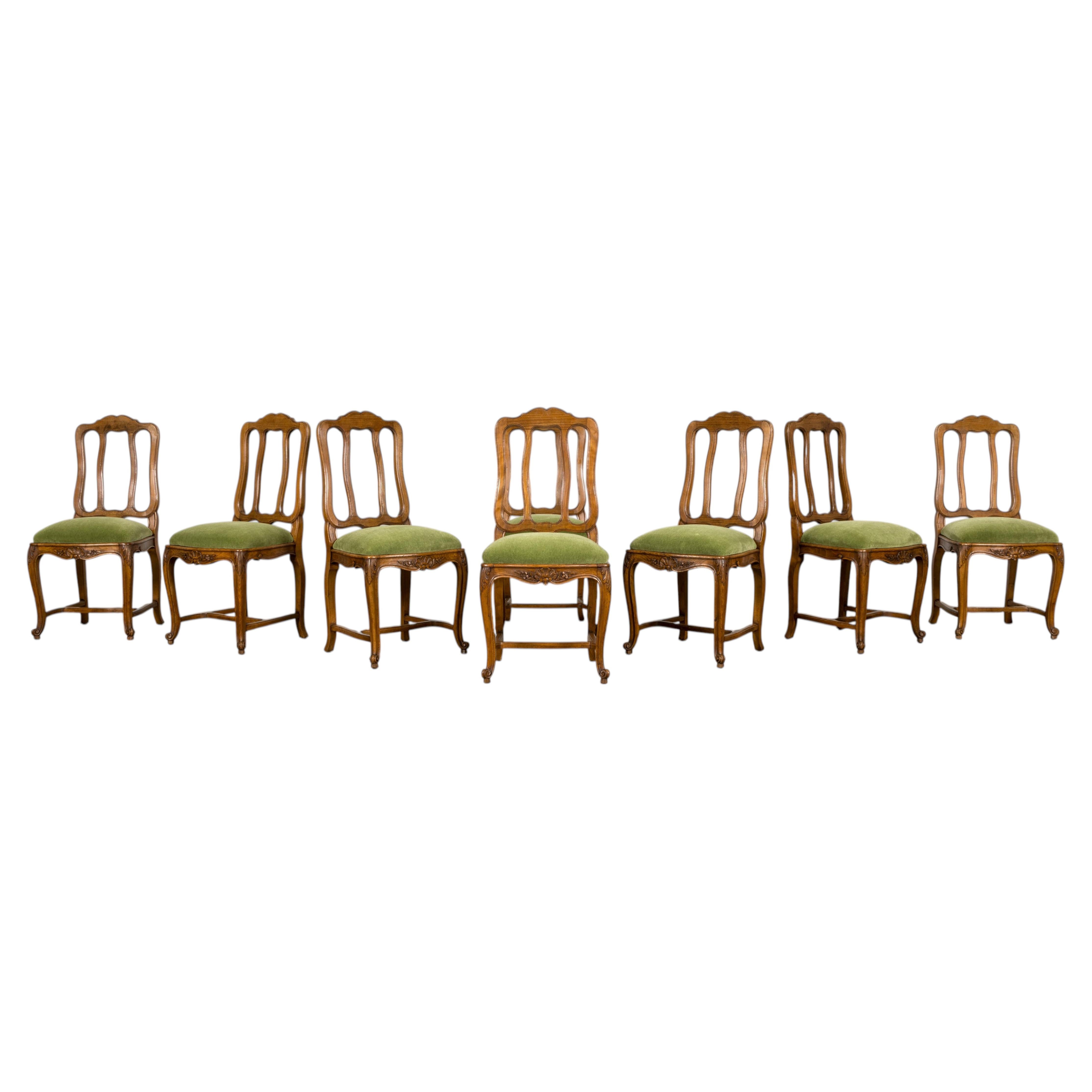 Set of Eight Early 20th Century French Louis XV Walnut Dining Chairs in Moss