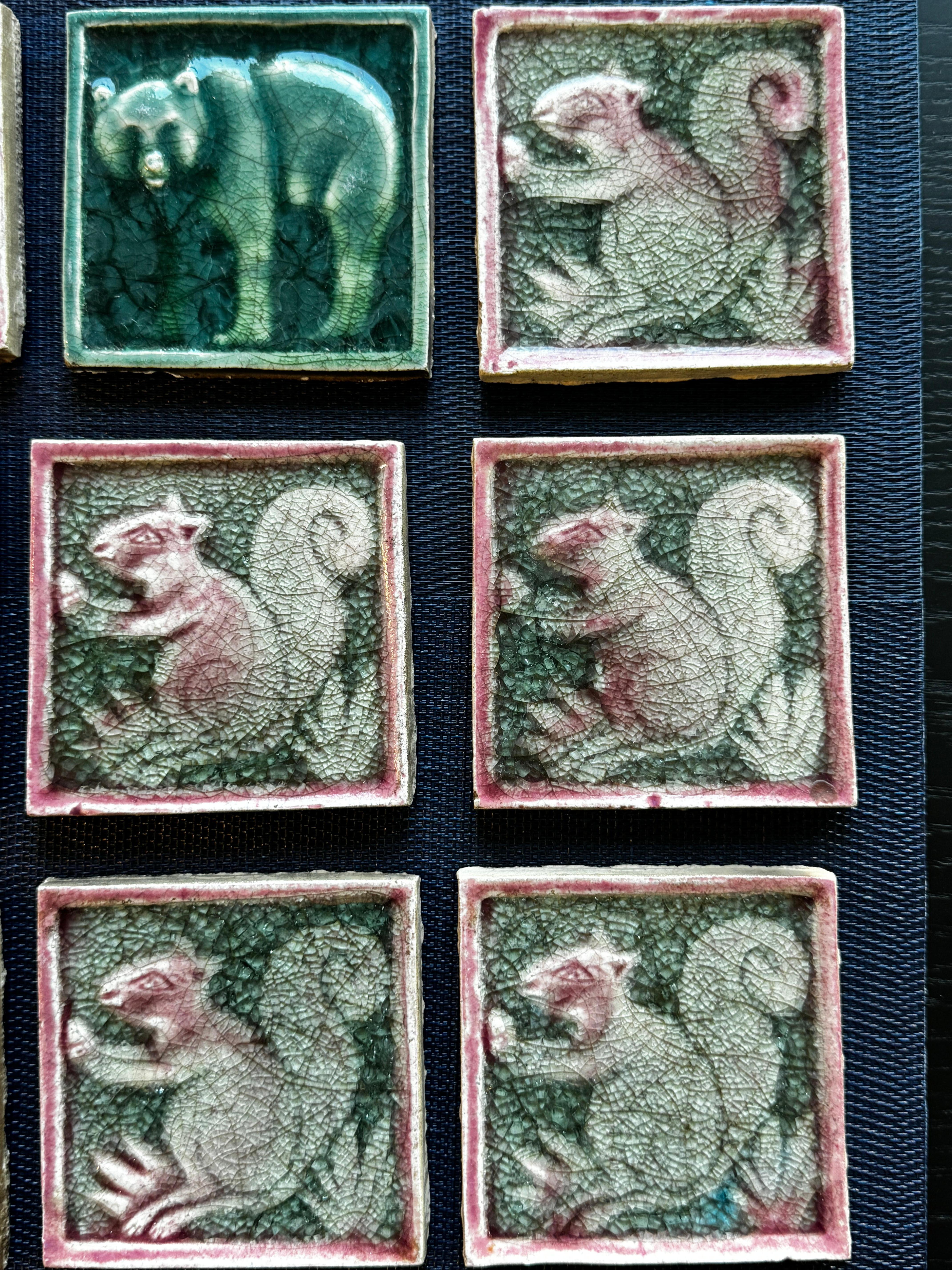 Nine Early 20th Century Glazed Tiles of Squirrels and Bear In Excellent Condition For Sale In San Francisco, CA