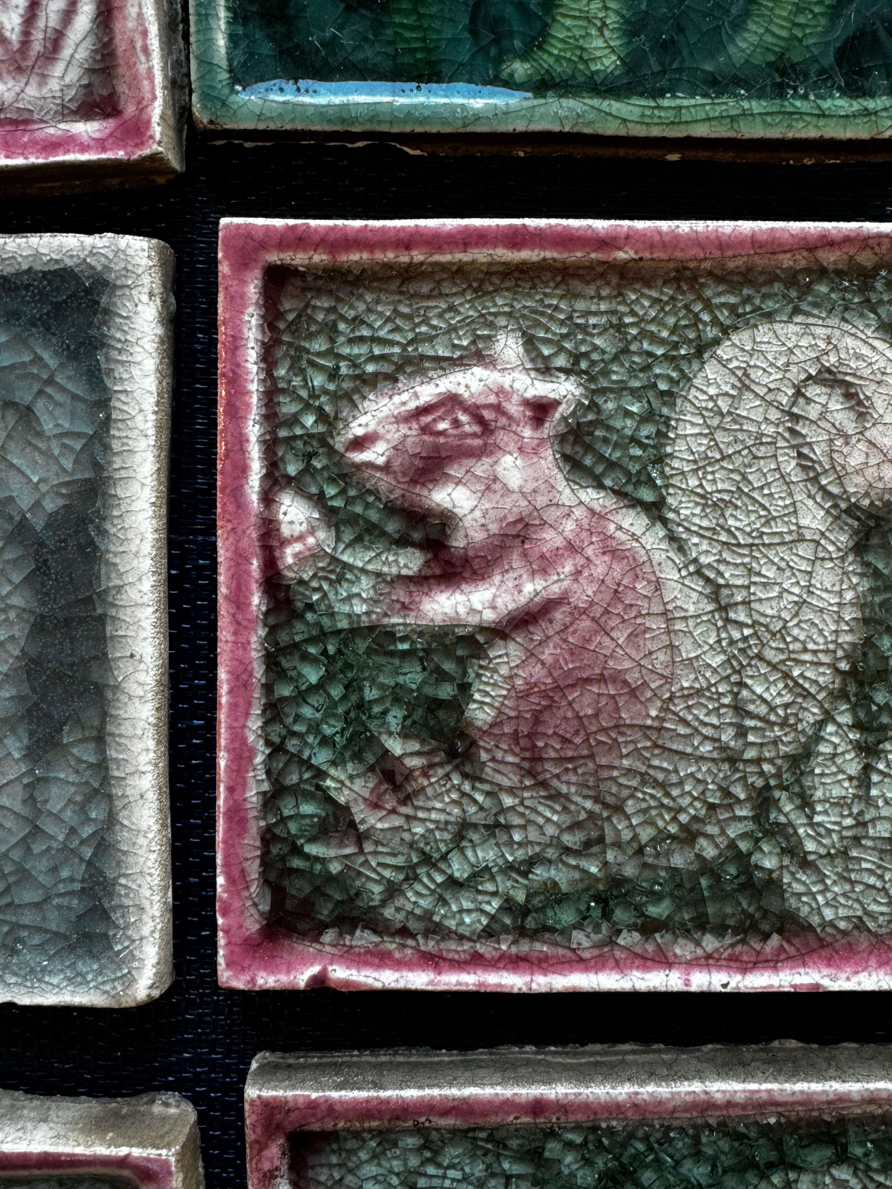 Nine Early 20th Century Glazed Tiles of Squirrels and Bear For Sale 1