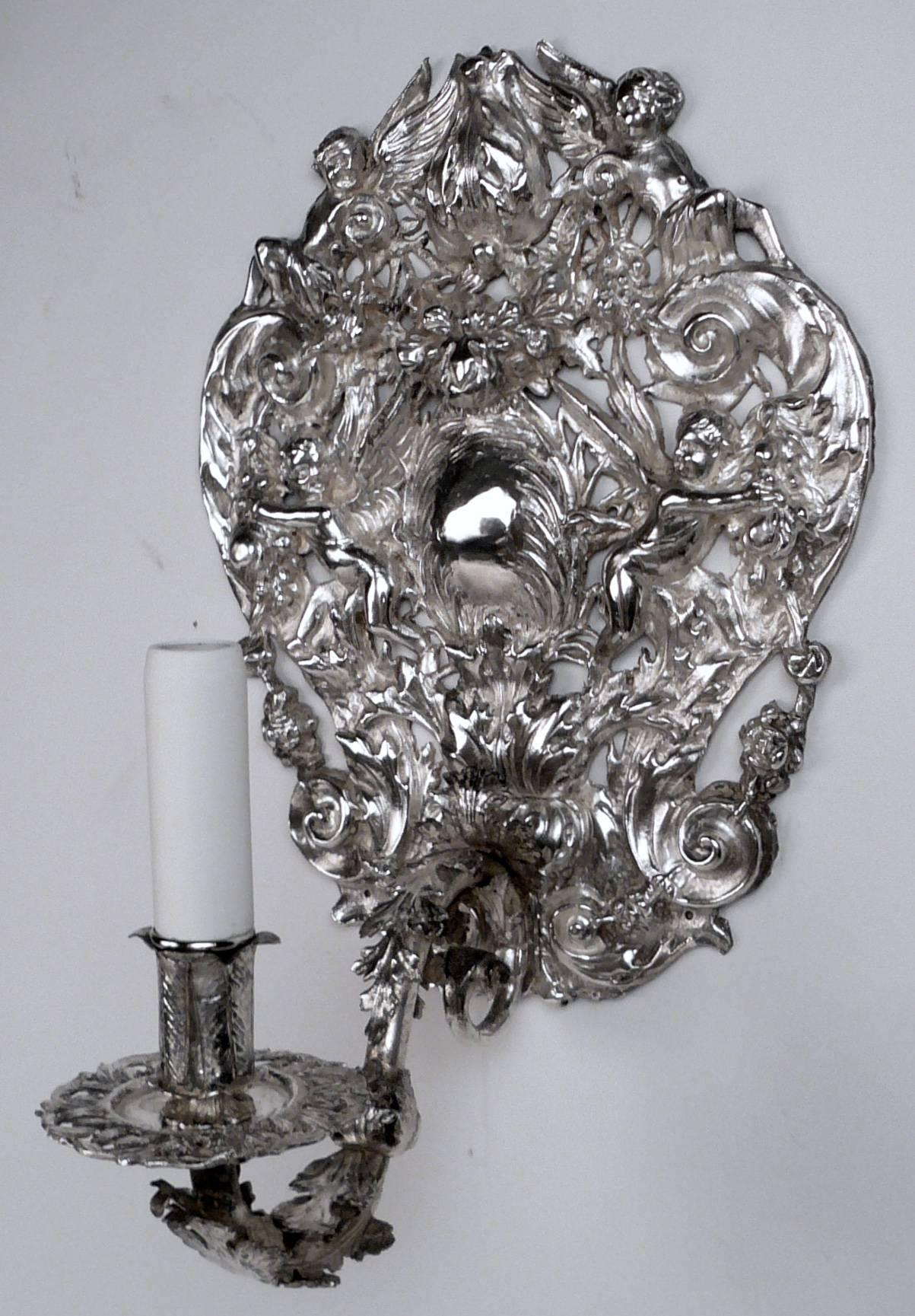 Four Early 20th Century Silver Plated Baroque Style Sconces 2