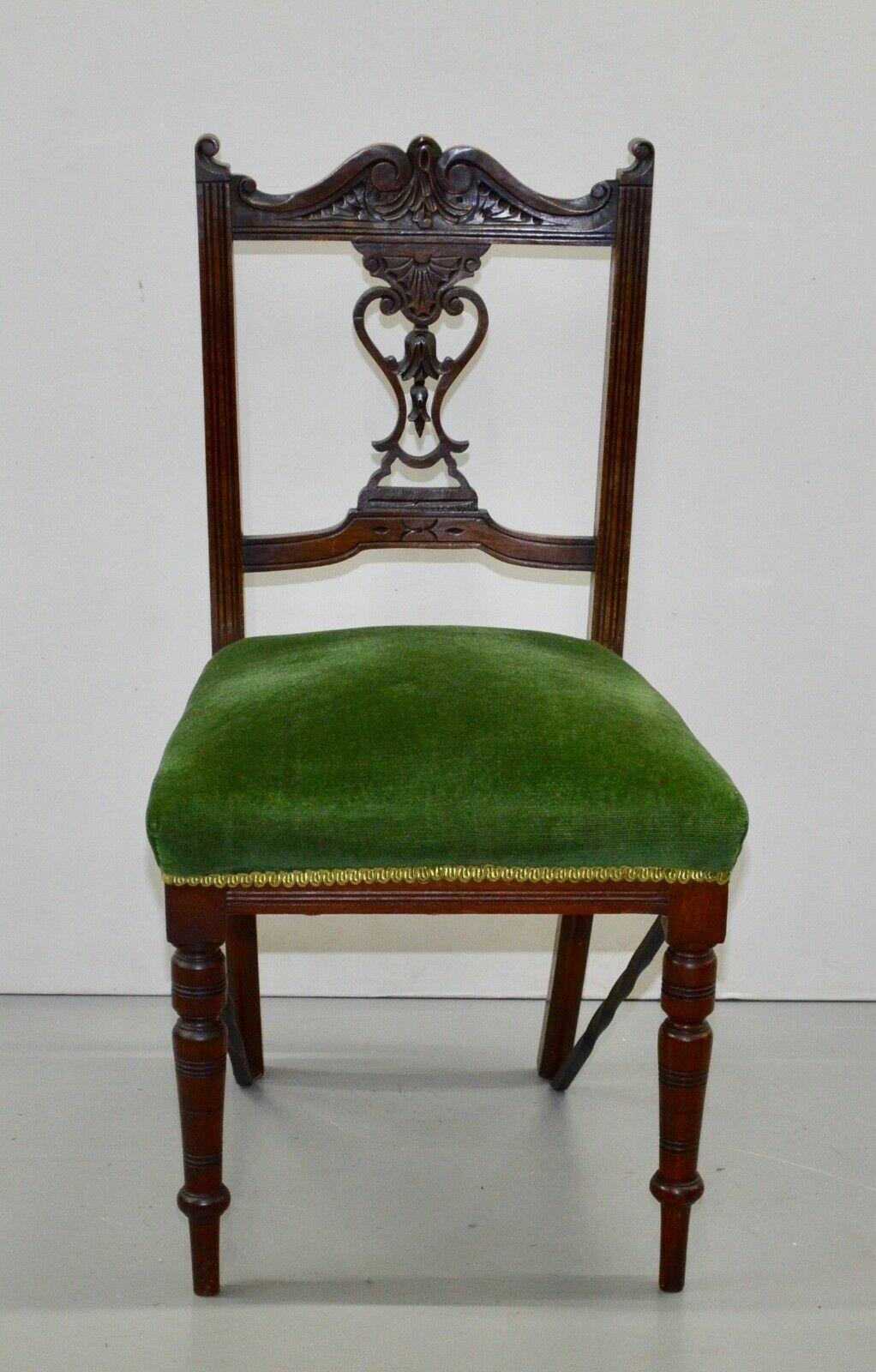 Eight Edwardian Carved Walnut Dining Chairs with Green Upholsterey 3