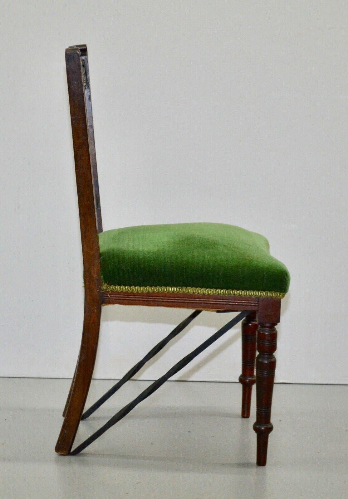 Eight Edwardian Carved Walnut Dining Chairs with Green Upholsterey 4