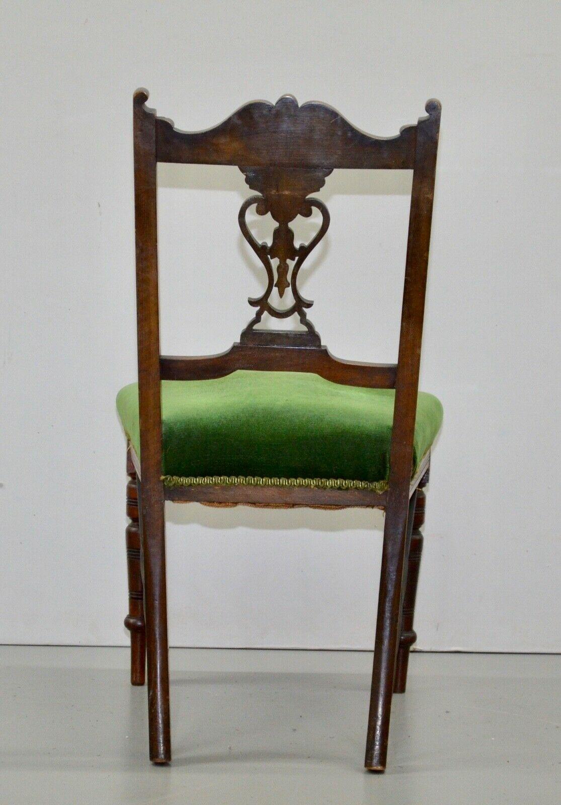 Eight Edwardian Carved Walnut Dining Chairs with Green Upholsterey 5