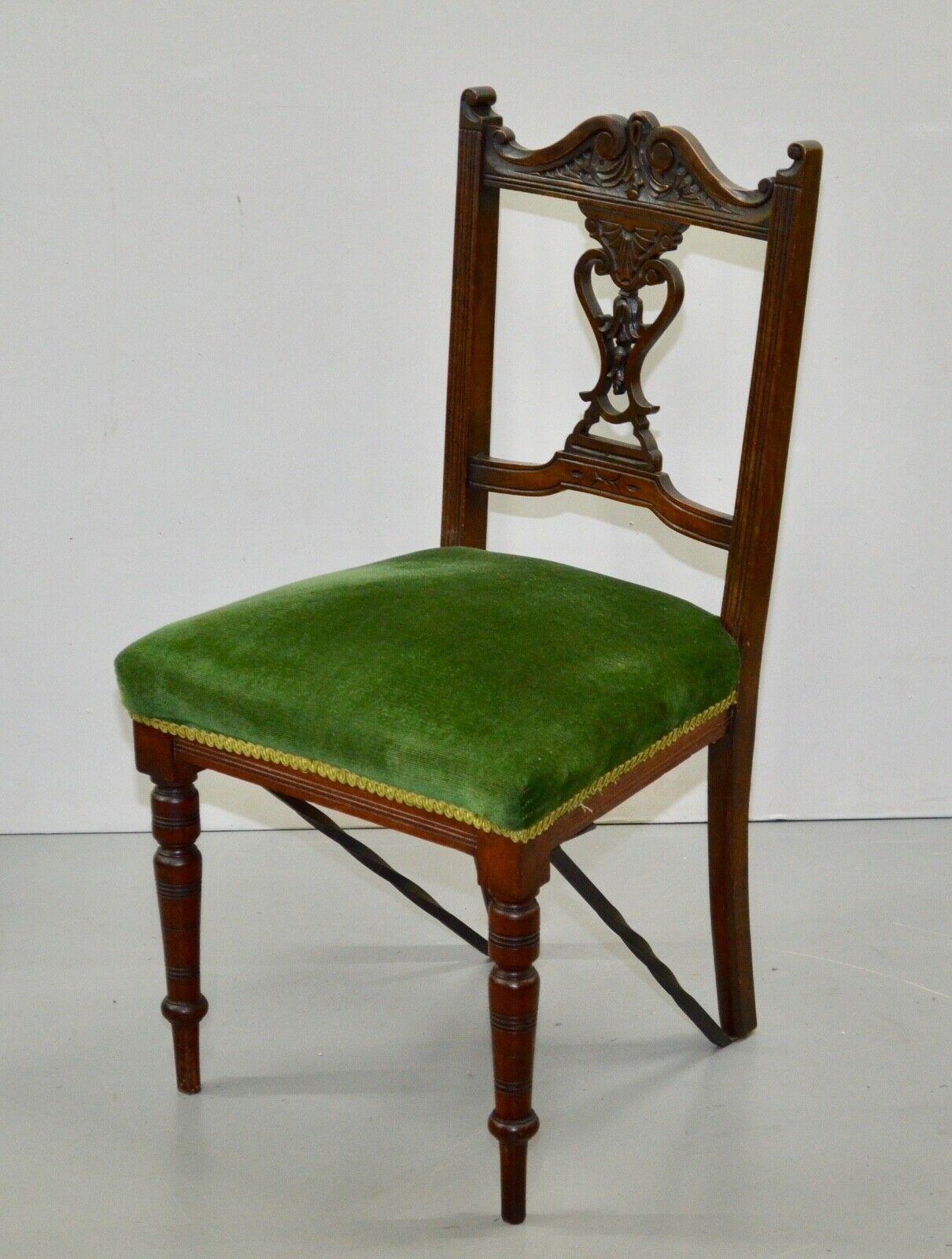 Eight Edwardian Carved Walnut Dining Chairs with Green Upholsterey 6