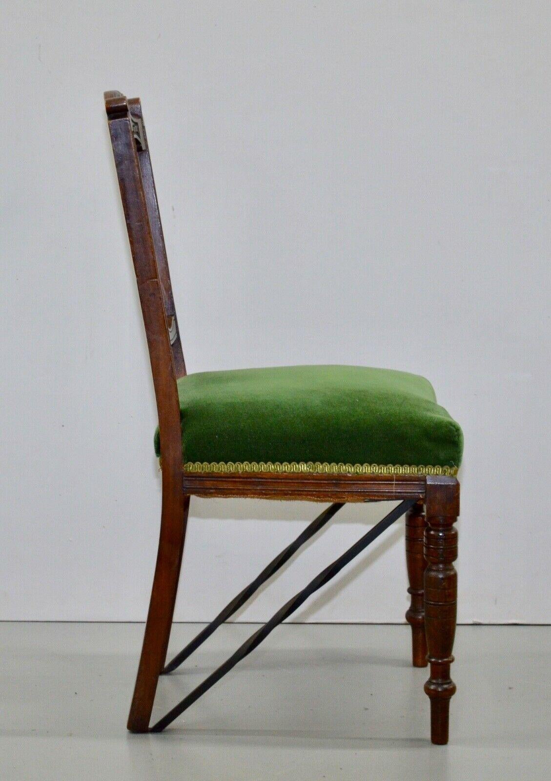 English Eight Edwardian Carved Walnut Dining Chairs with Green Upholsterey