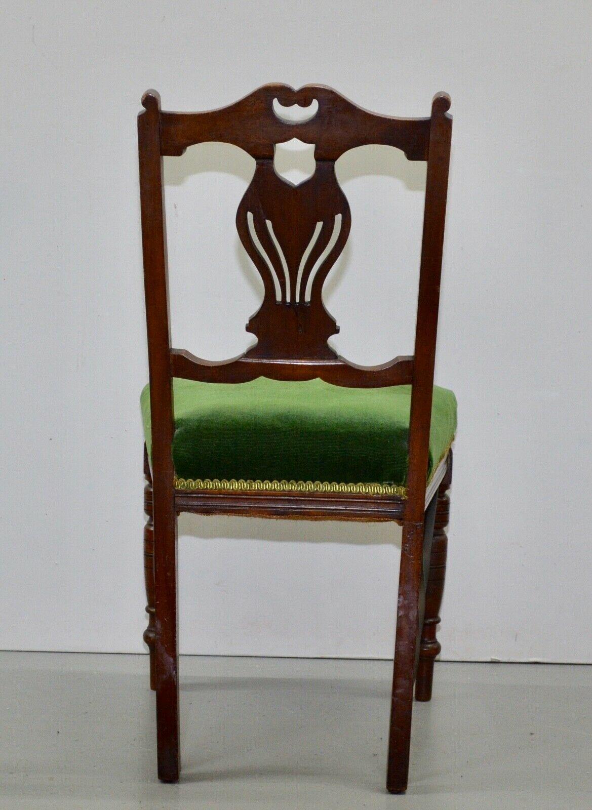 Hand-Crafted Eight Edwardian Carved Walnut Dining Chairs with Green Upholsterey
