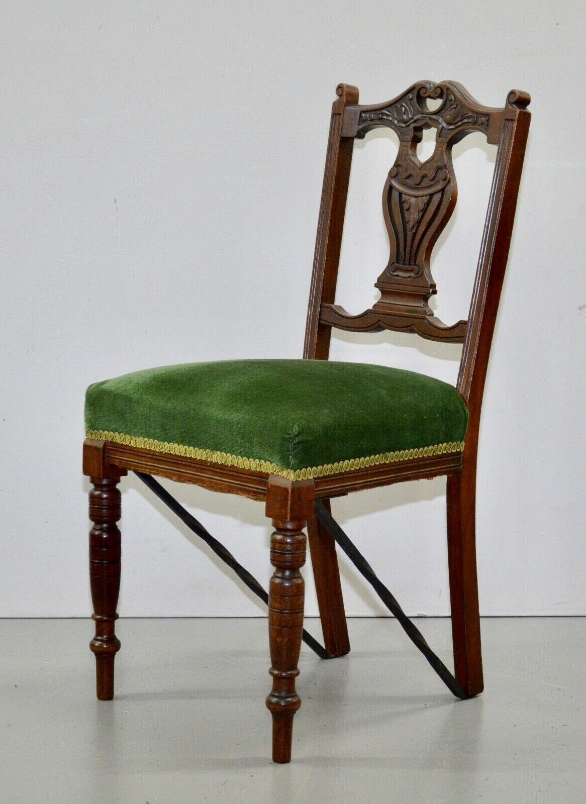 Early 20th Century Eight Edwardian Carved Walnut Dining Chairs with Green Upholsterey