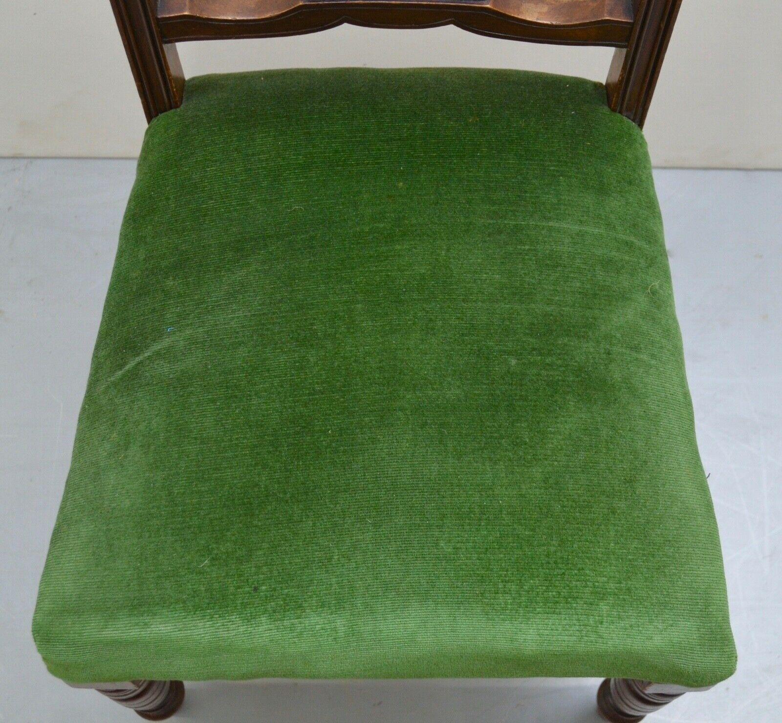 Velvet Eight Edwardian Carved Walnut Dining Chairs with Green Upholsterey