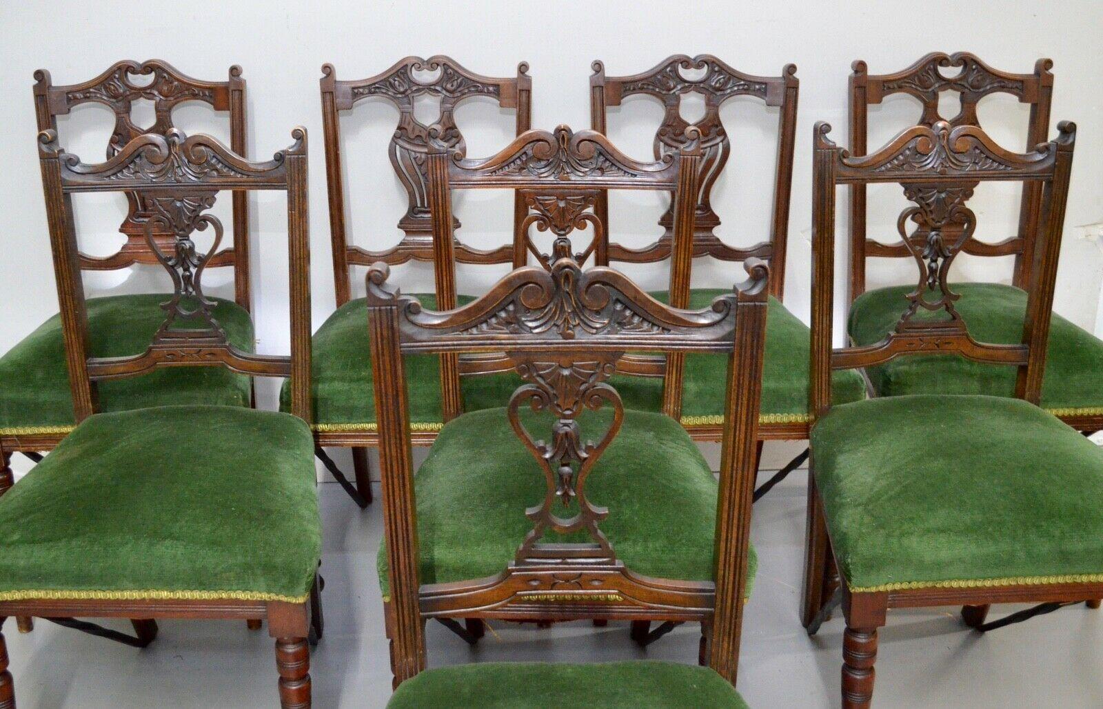 Eight Edwardian Carved Walnut Dining Chairs with Green Upholsterey 1