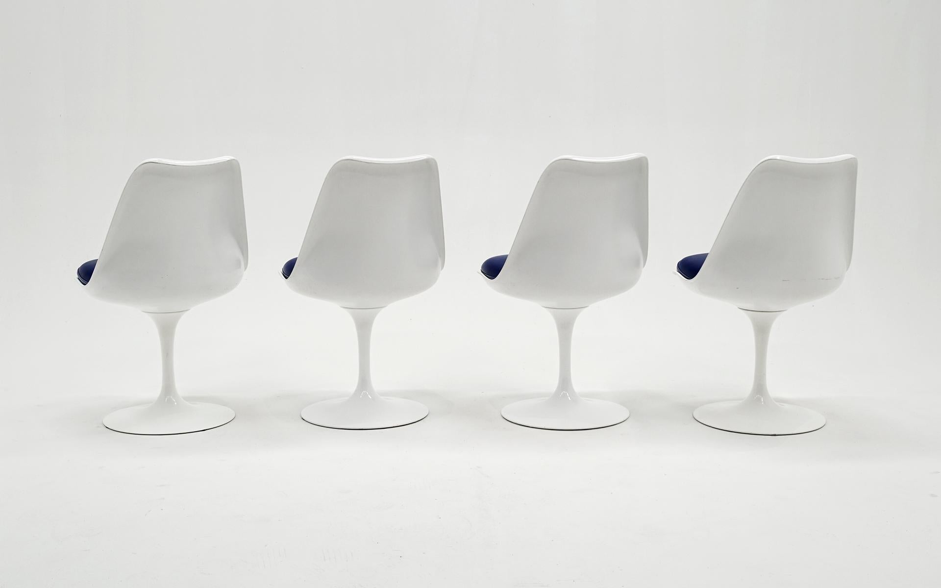 Mid-Century Modern Eight Eero Saarinen White Tulip Dining Chairs W/ Swivel for Knoll, Blue Seats