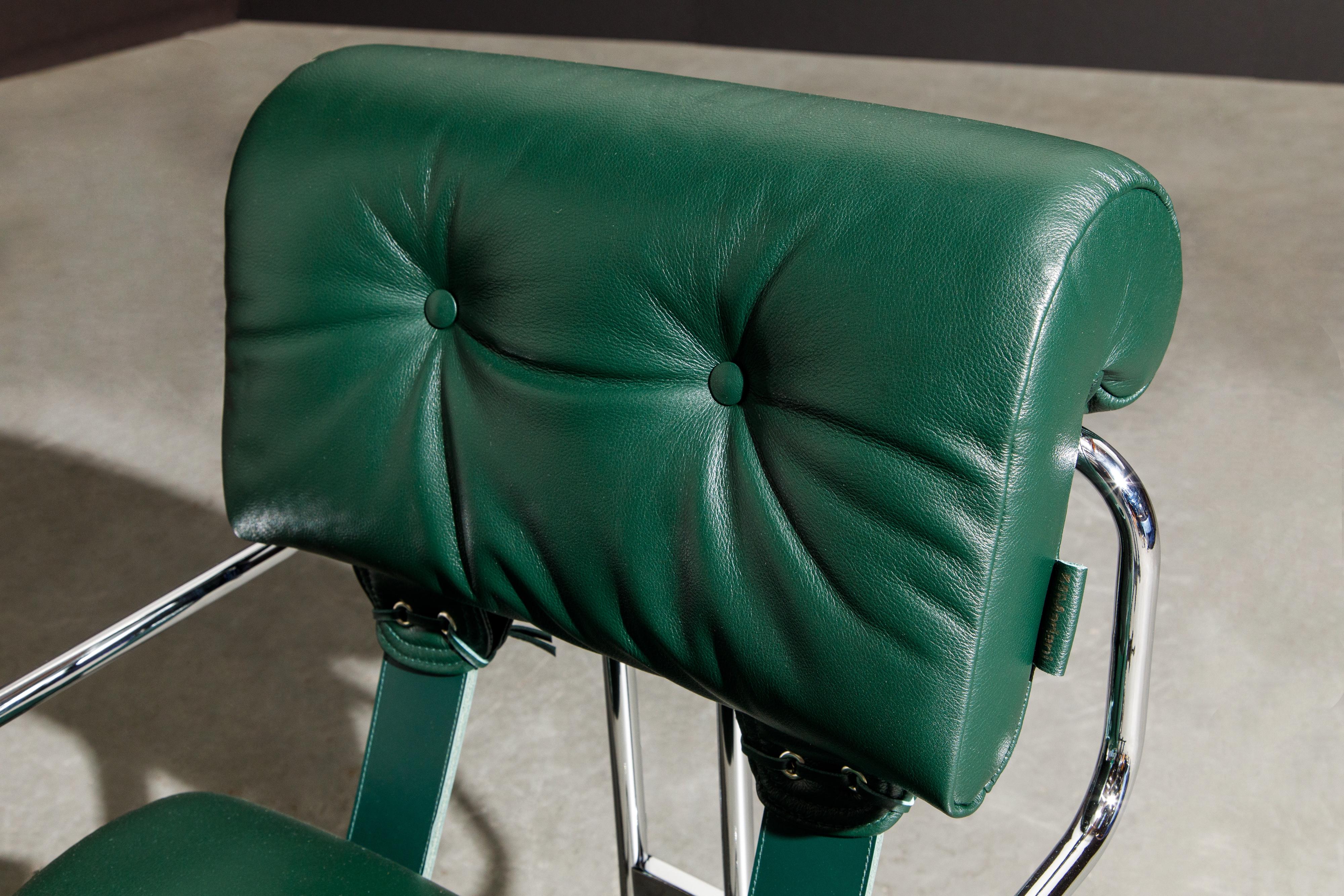 Eight Emerald Green Leather Tucroma Chairs by Guido Faleschini for Mariani, New For Sale 6