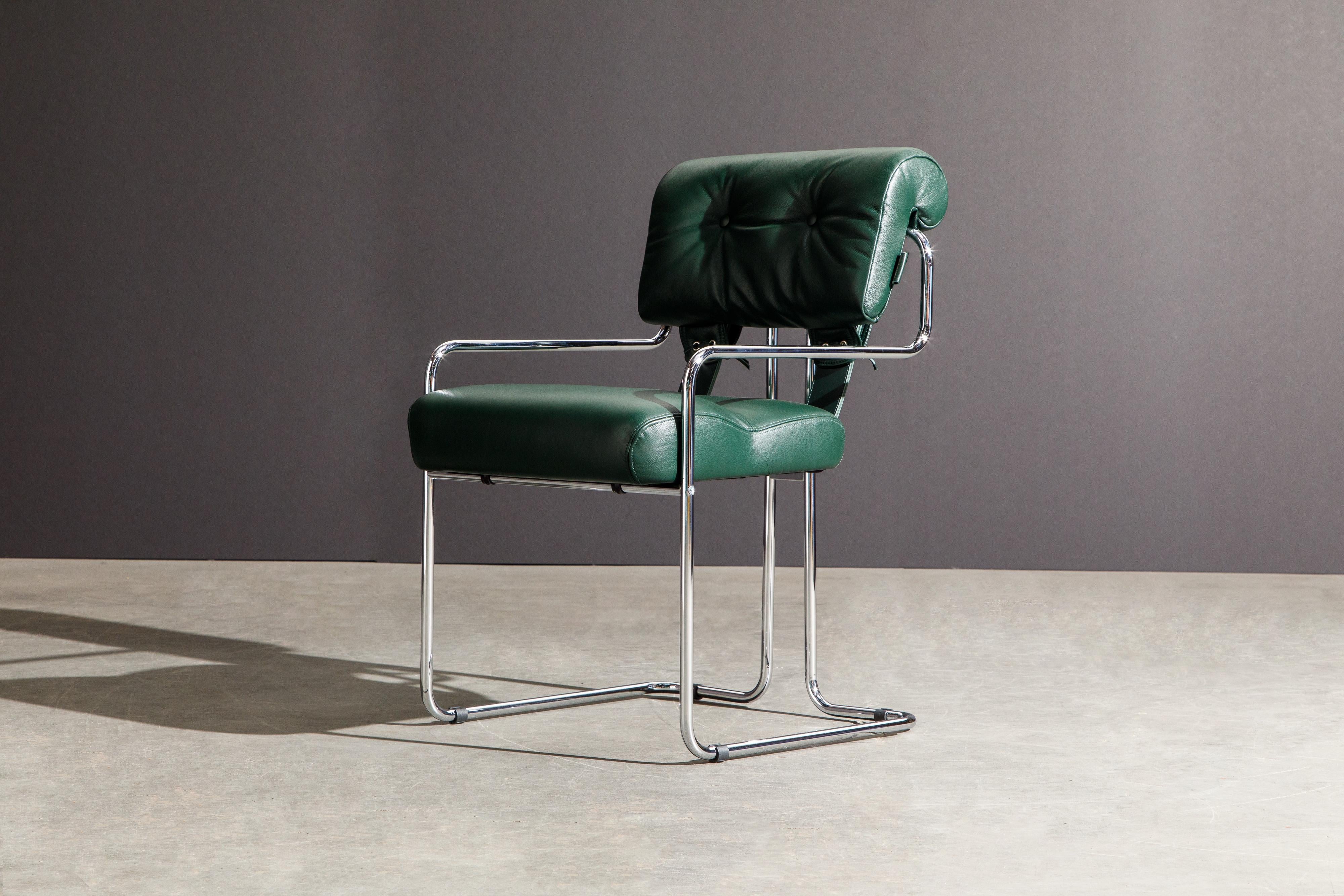 Italian Eight Emerald Green Leather Tucroma Chairs by Guido Faleschini for Mariani, New For Sale