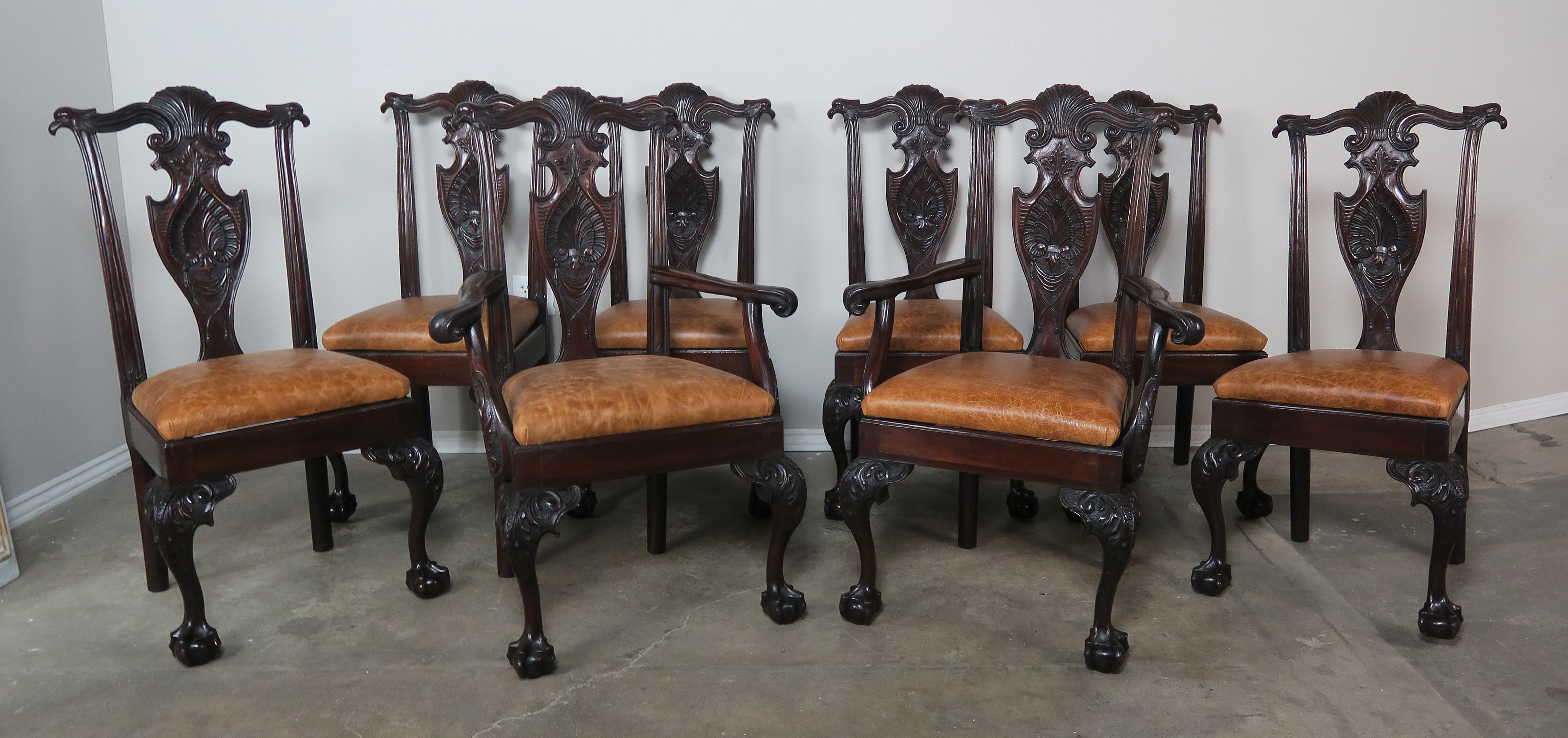 Hand-Carved Eight English Chippendale Carved Dining Chairs