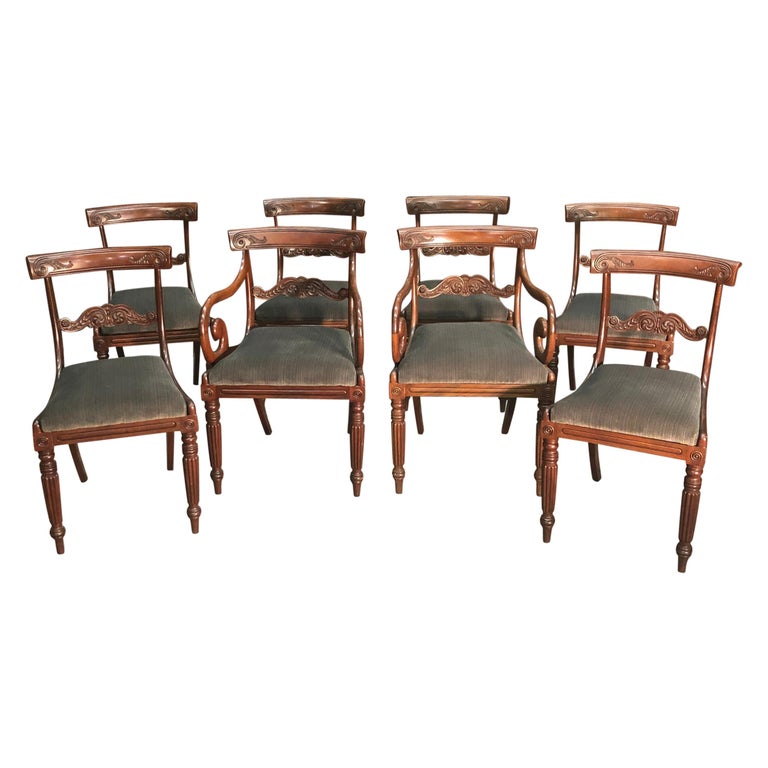 Eight English Regency Period Mahogany Dining Chairs, Early 19th Century For Sale