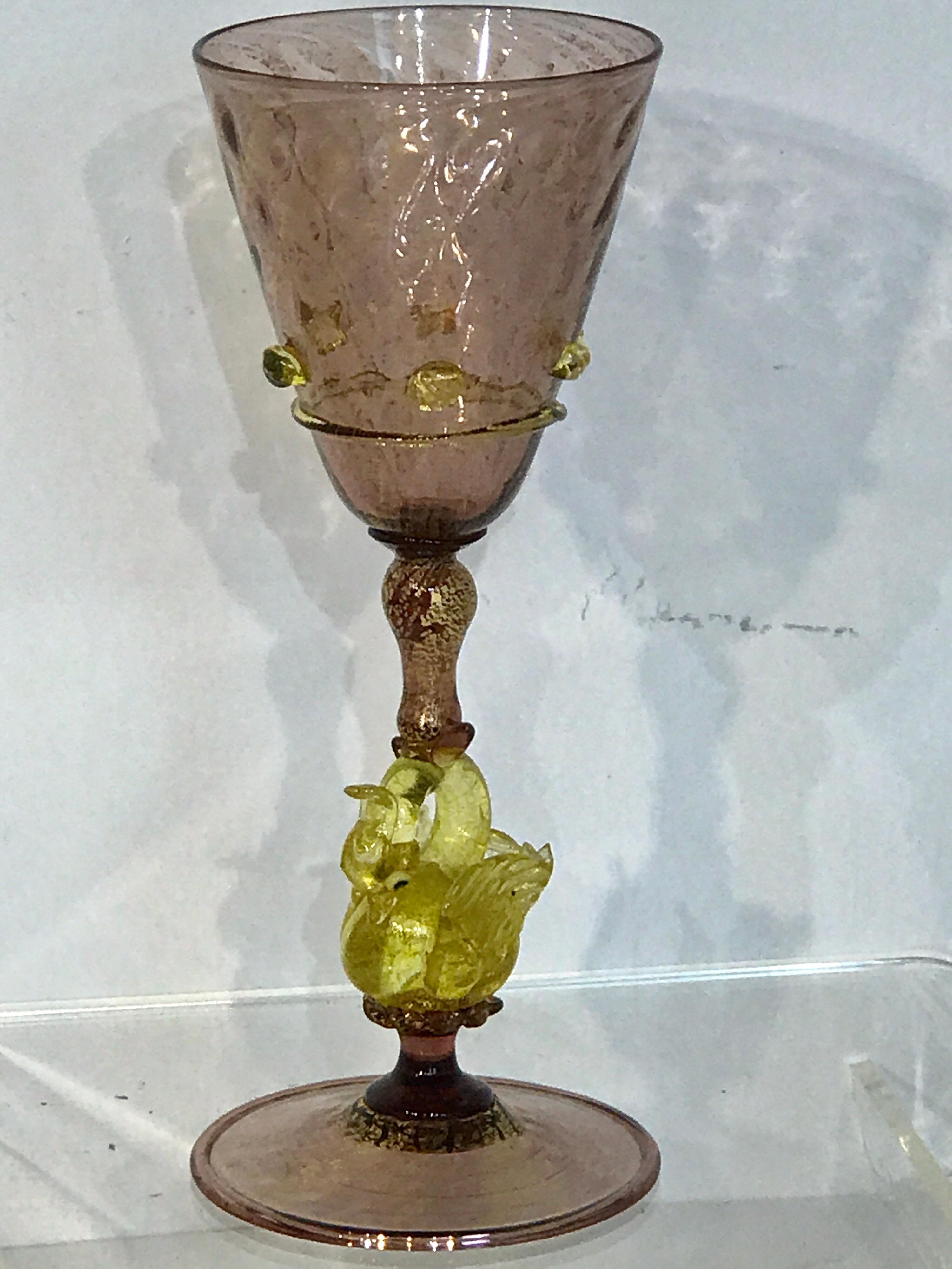 Eight Exquisite Amethyst and Gold Infused Murano Swan Wine Goblets by Salviati 7