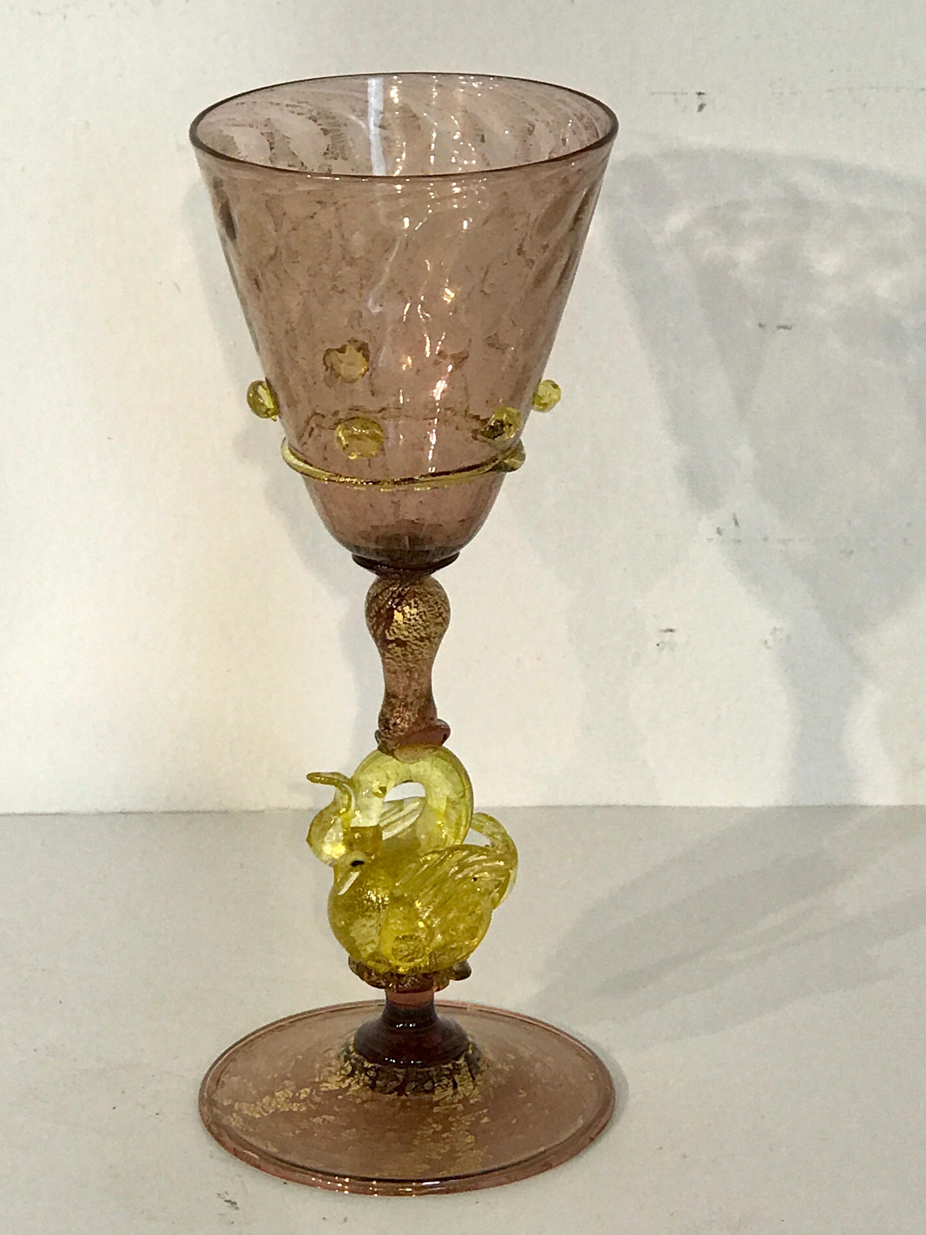Italian Eight Exquisite Amethyst and Gold Infused Murano Swan Wine Goblets by Salviati