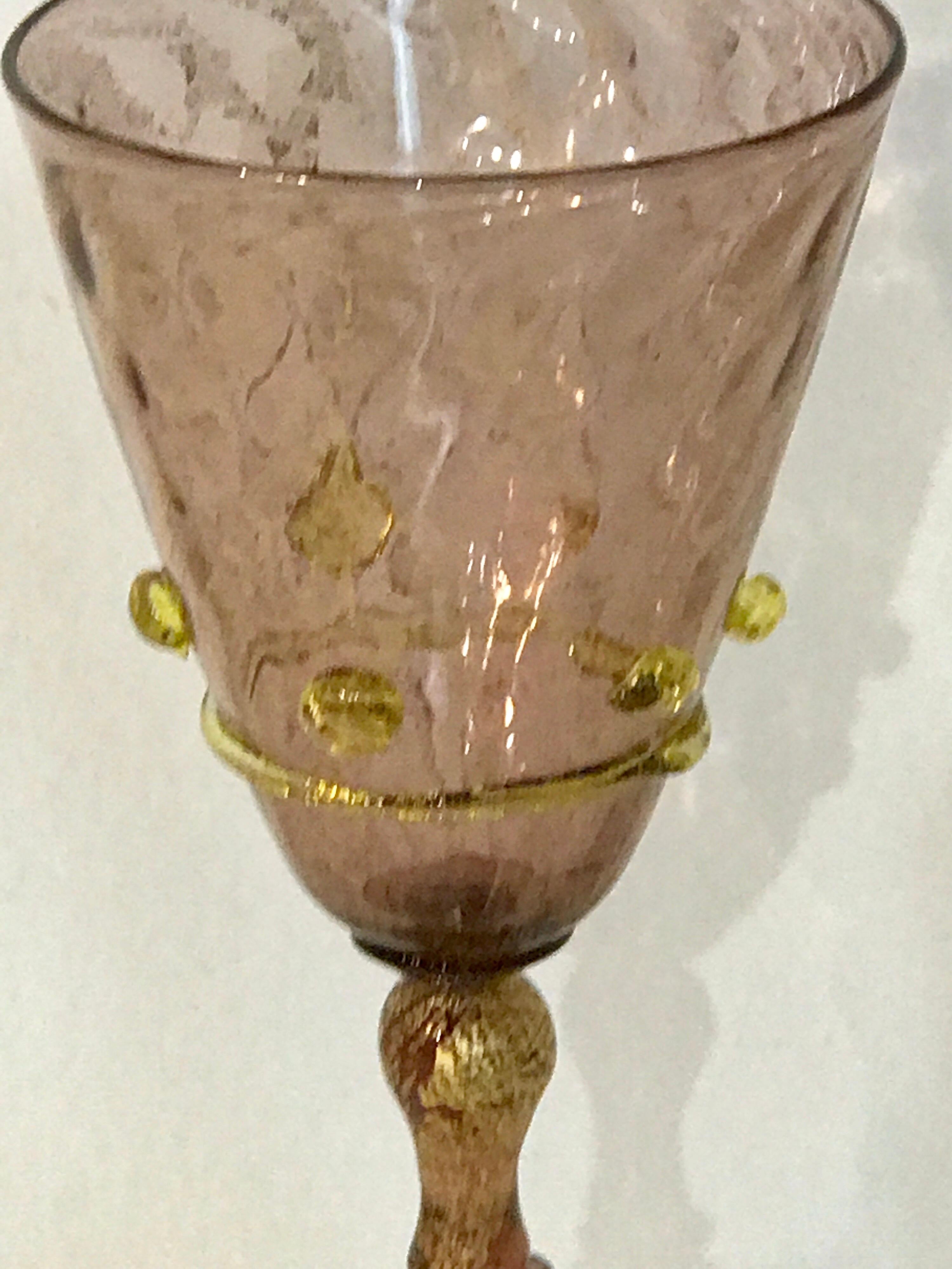 20th Century Eight Exquisite Amethyst and Gold Infused Murano Swan Wine Goblets by Salviati