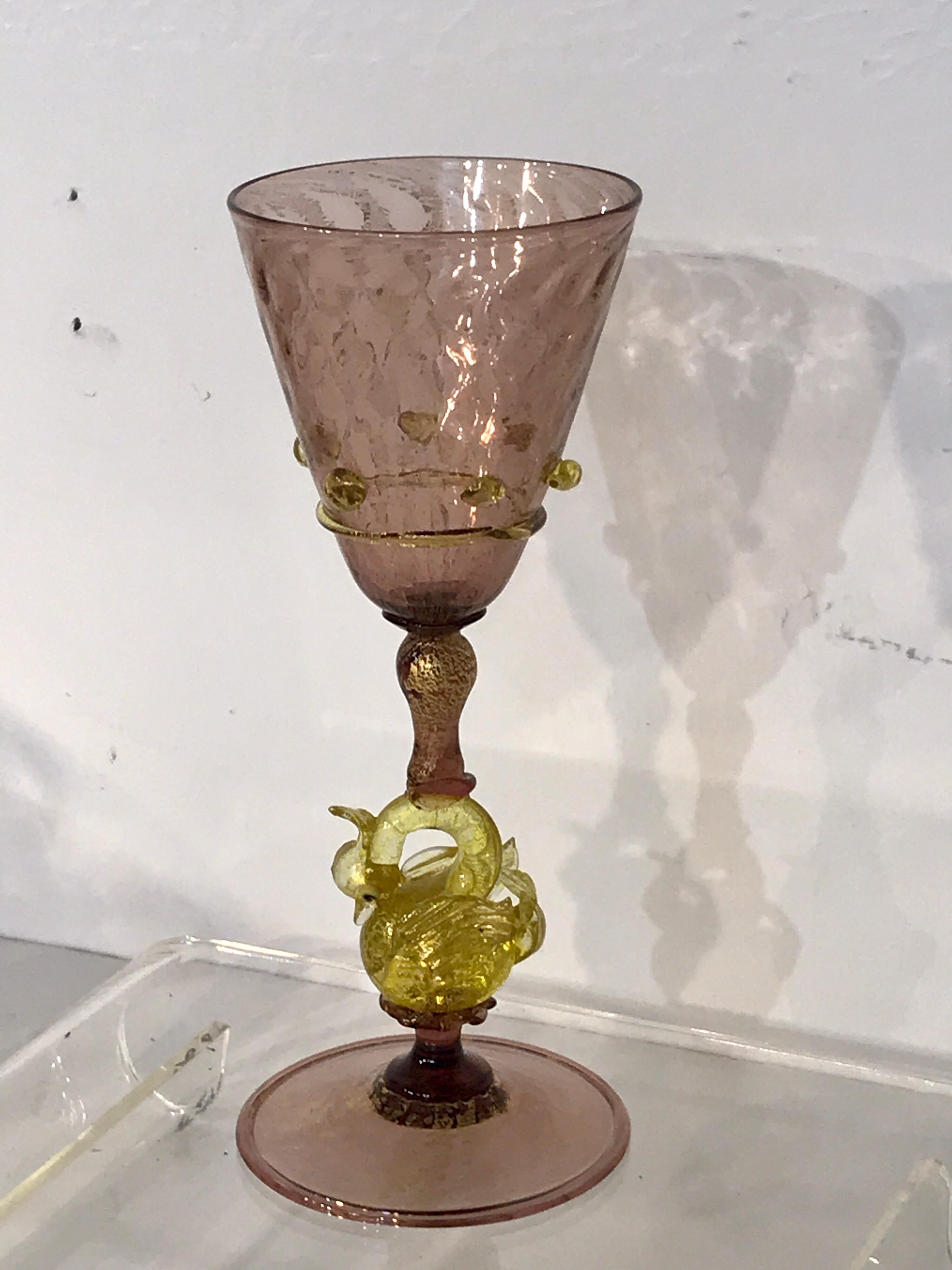 Murano Glass Eight Exquisite Amethyst and Gold Infused Murano Swan Wine Goblets by Salviati