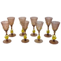 Eight Exquisite Amethyst and Gold Infused Murano Swan Wine Goblets by Salviati