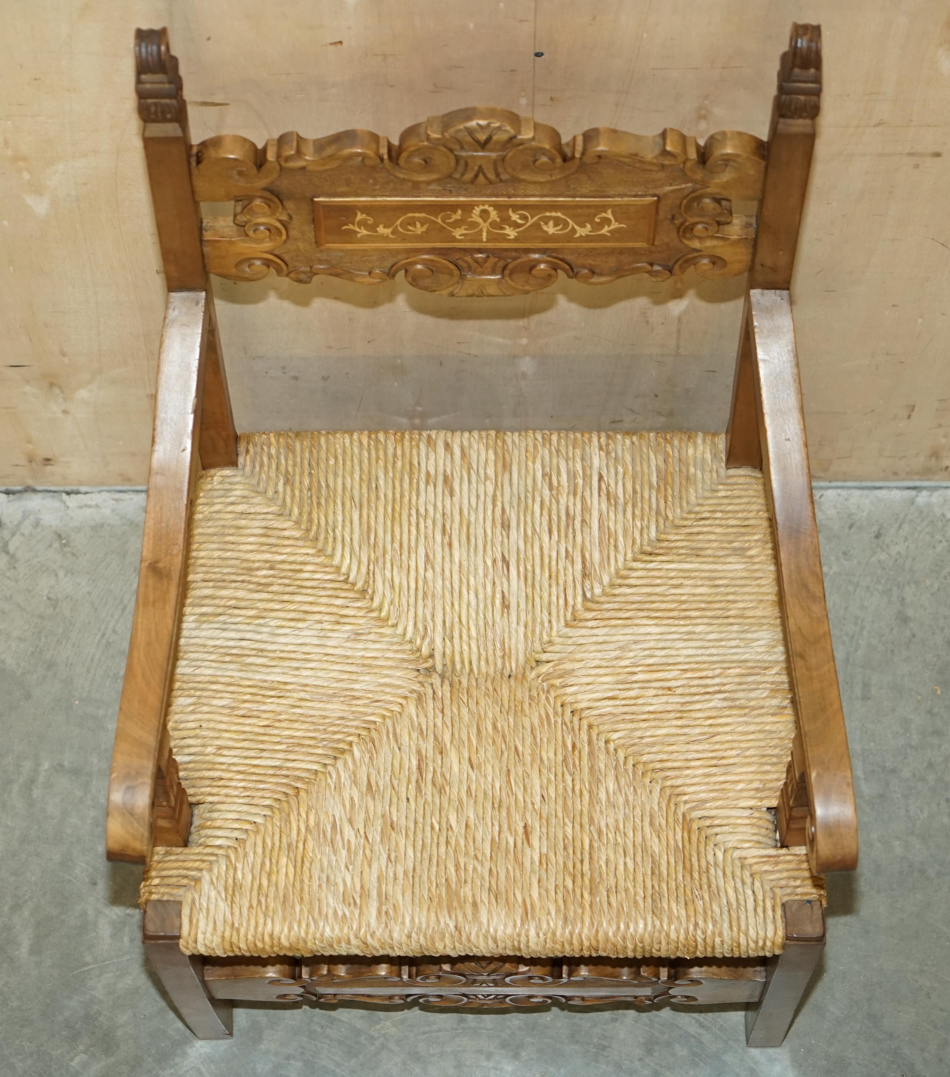 Eight Fine Walnut circa 1900 Ornately Hand Carved Dutch Rush Seat Dining Chairs For Sale 4
