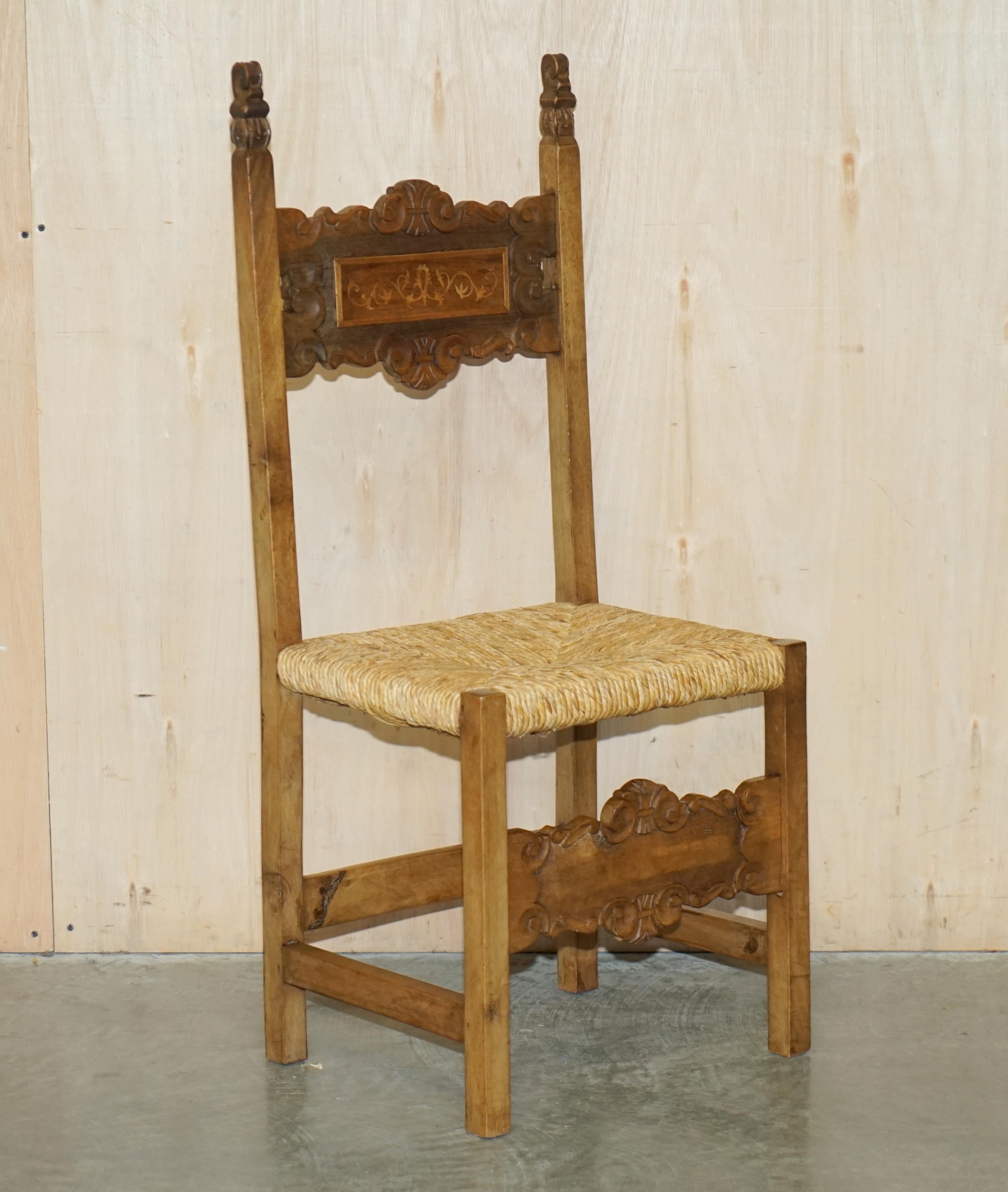 Eight Fine Walnut circa 1900 Ornately Hand Carved Dutch Rush Seat Dining Chairs For Sale 9