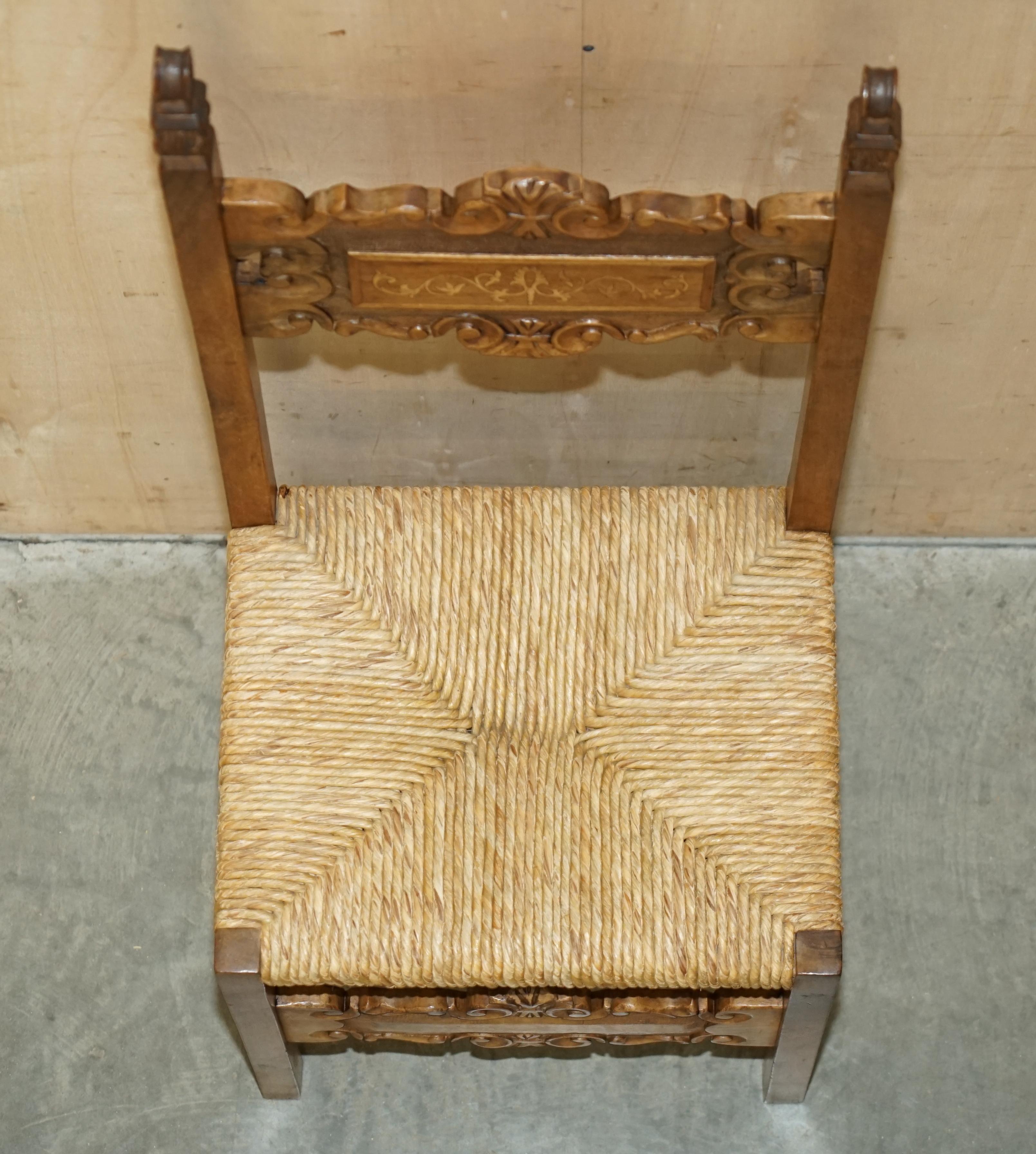 Eight Fine Walnut circa 1900 Ornately Hand Carved Dutch Rush Seat Dining Chairs For Sale 11