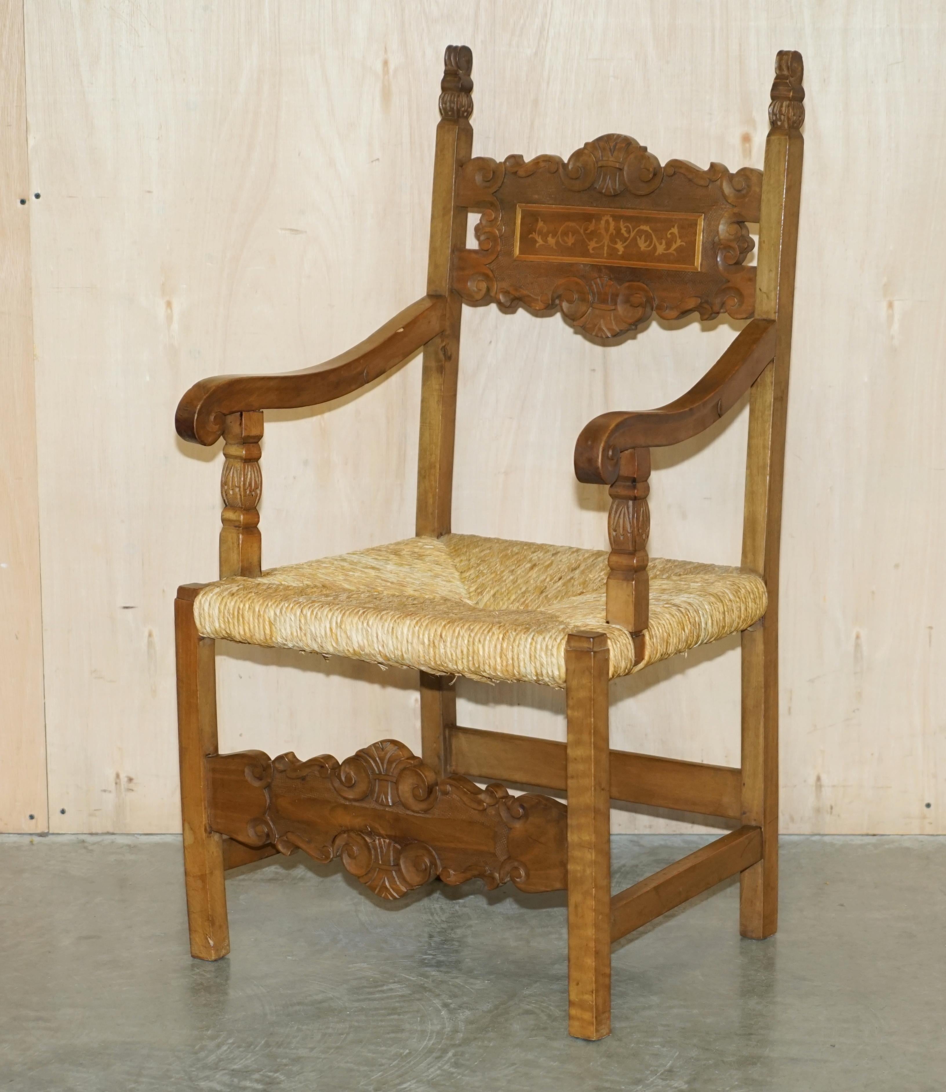 We are delighted to offer for sale this lovely suite of eight original Dutch circa 1900 hand carved Walnut, rush seat dining chairs.

A very good looking and well-made suite, the timber is all solid Walnut and ornately carved, the seats the