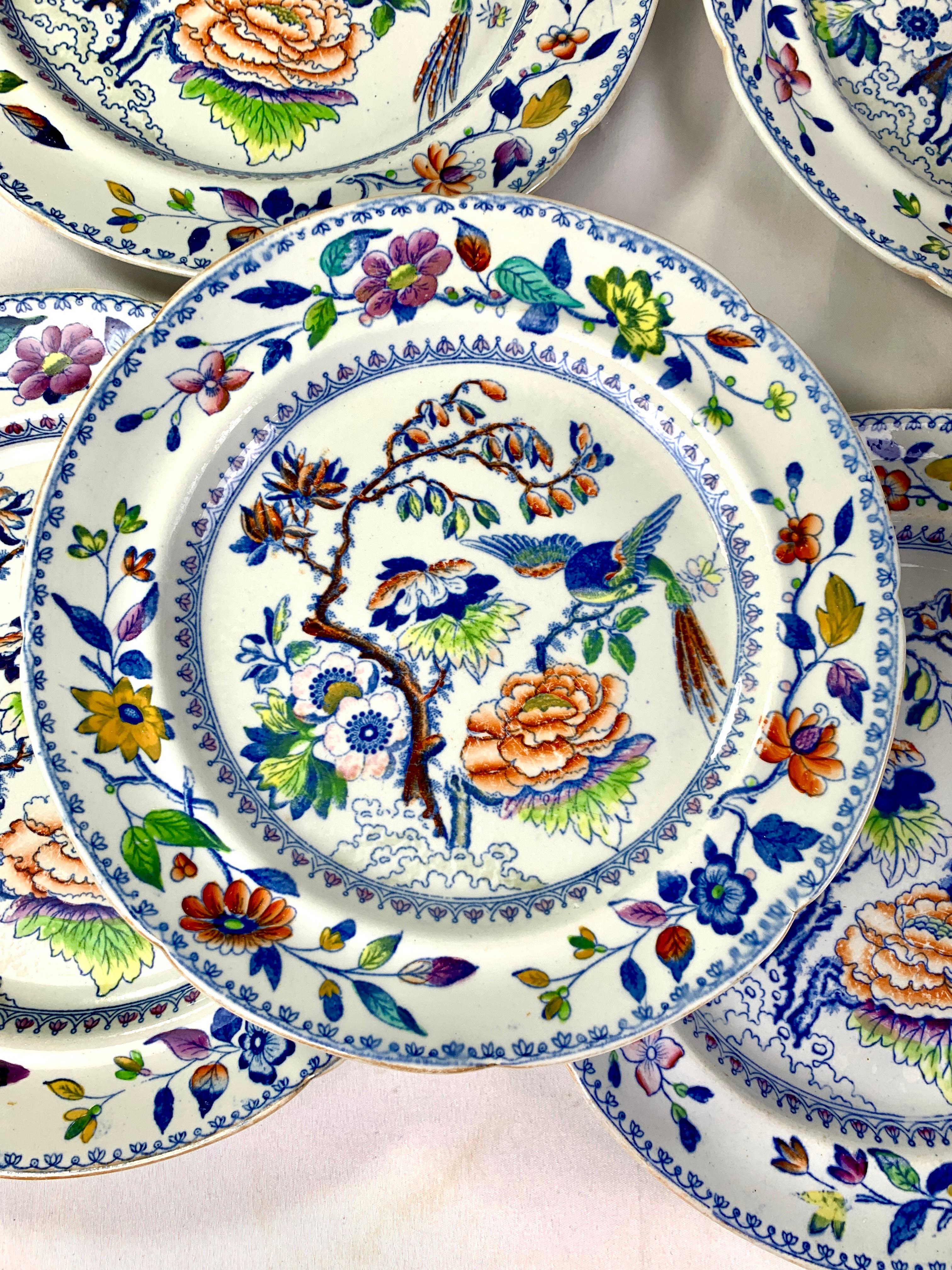 Chinoiserie Eight Flying Bird Plates by Davenport England Circa 1840