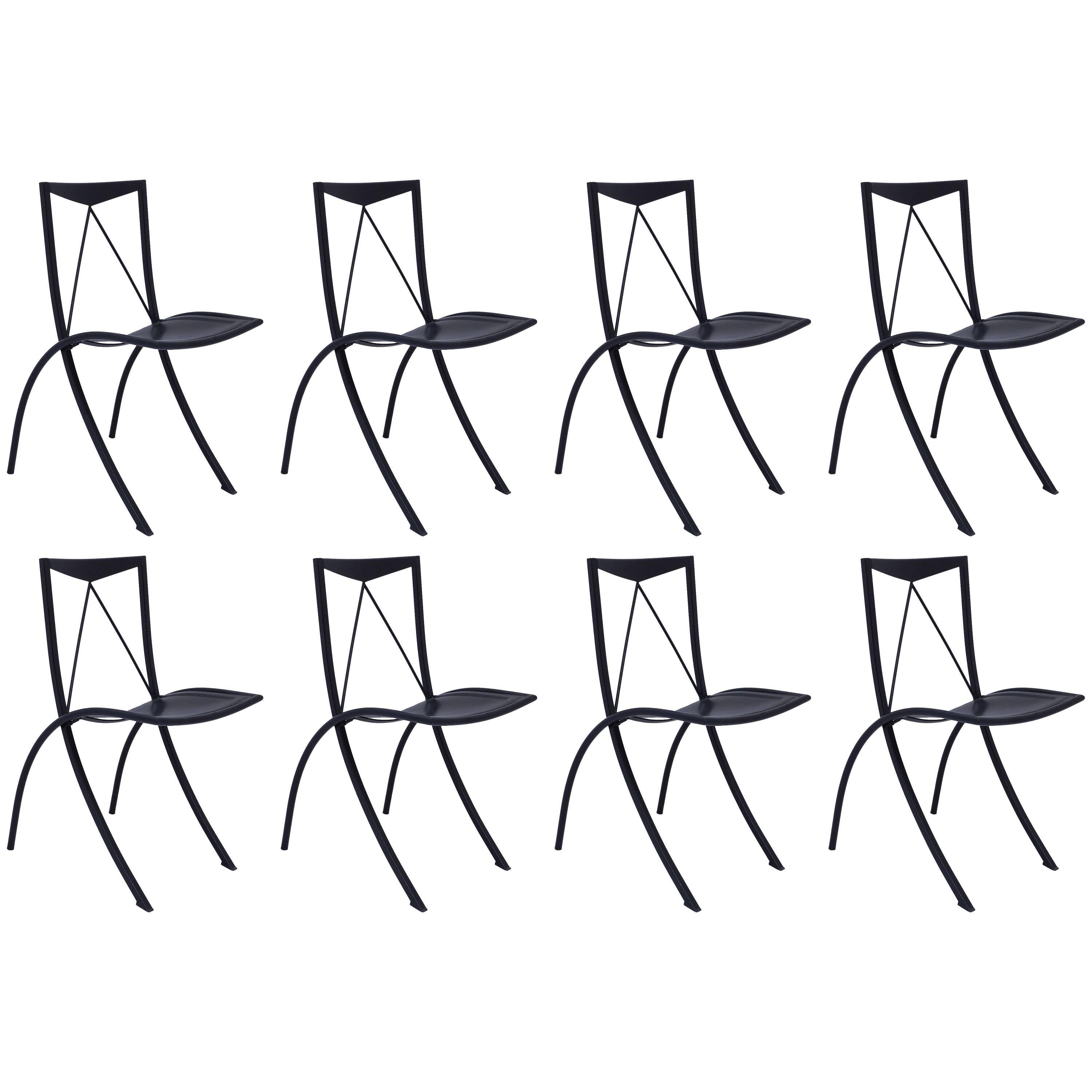 Eight Folding Dining Chairs Cattelan Italia Black Leather Vintage, 20th Century For Sale