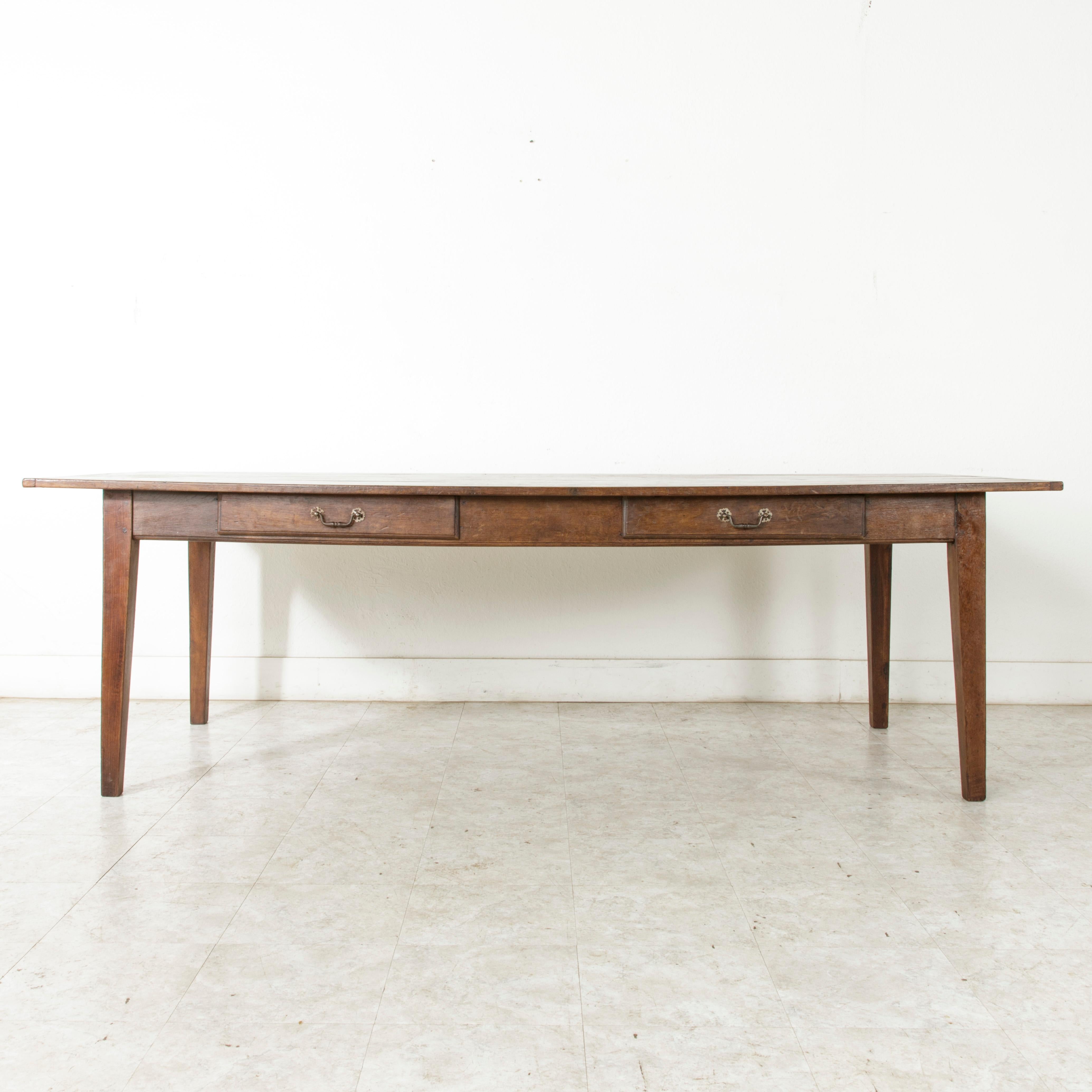 Rustic Long French Oak Farm Table or Dining Table with Two Drawers, circa 1900 