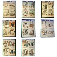 Eight Framed French Lithographs Set for Schools to Teach Accident Prevention