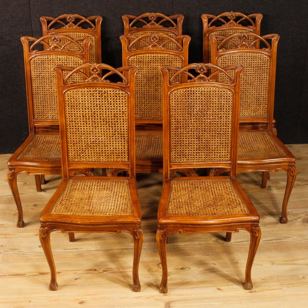 Group of eight French chairs in Art Nouveau style from the second half of the 20th century. Furniture of beautiful construction complete with seats and backs in cane in excellent condition. Chairs of good comfort ideal to be inserted in a dining