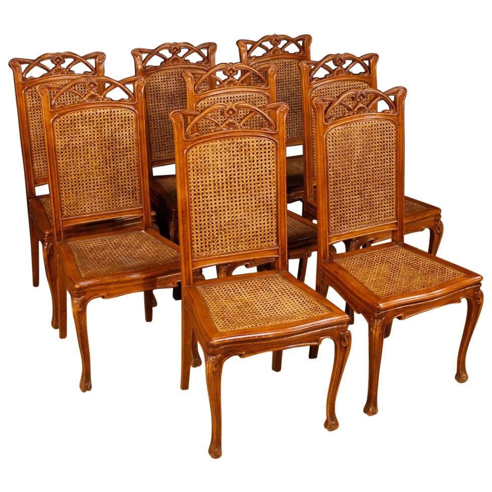 Eight French Chairs in Wood and Cane in Art Nouveau Style from 20th Century