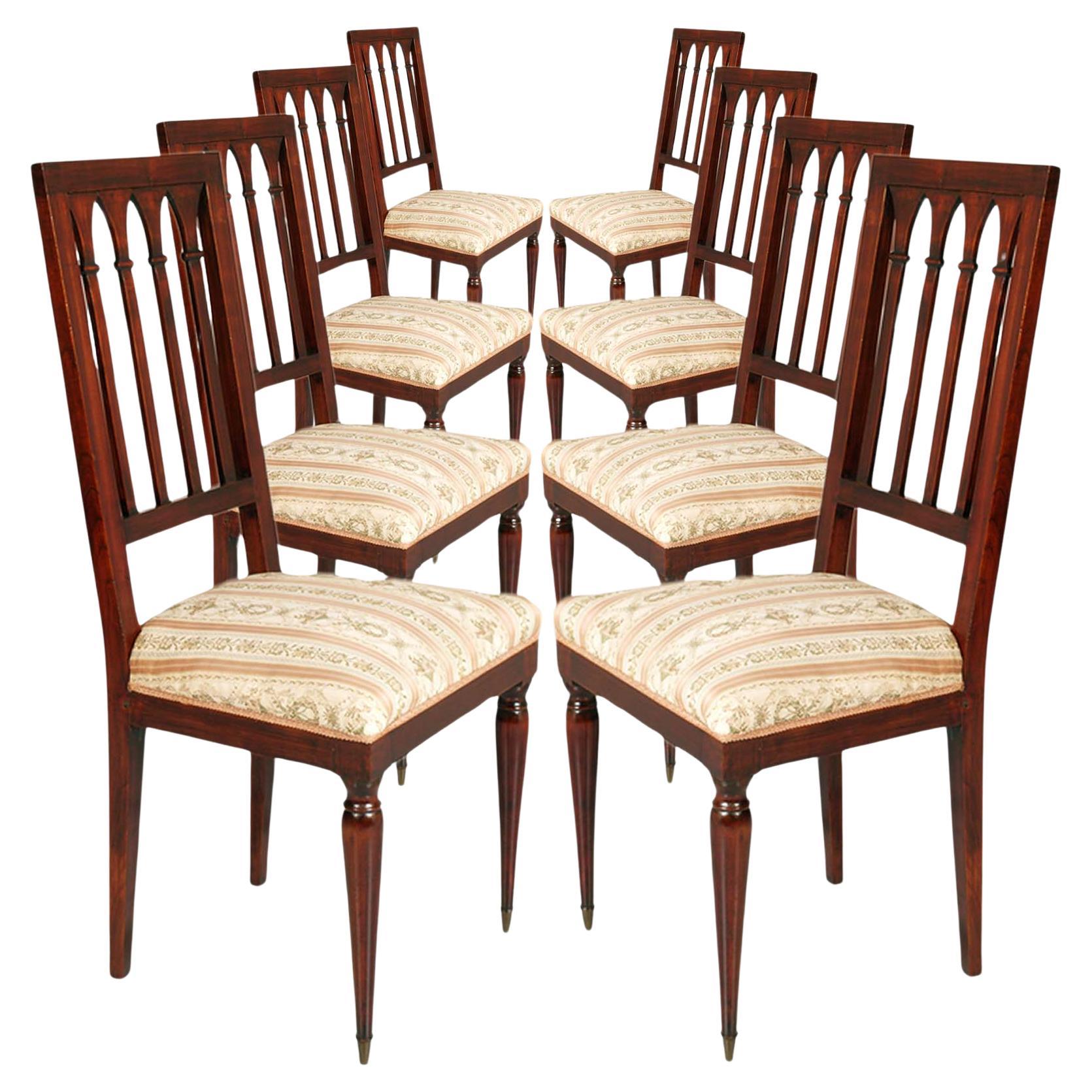 Eight French Gothic Style Chairs , Mahogany 1940s , Charles Dudouyt attributed