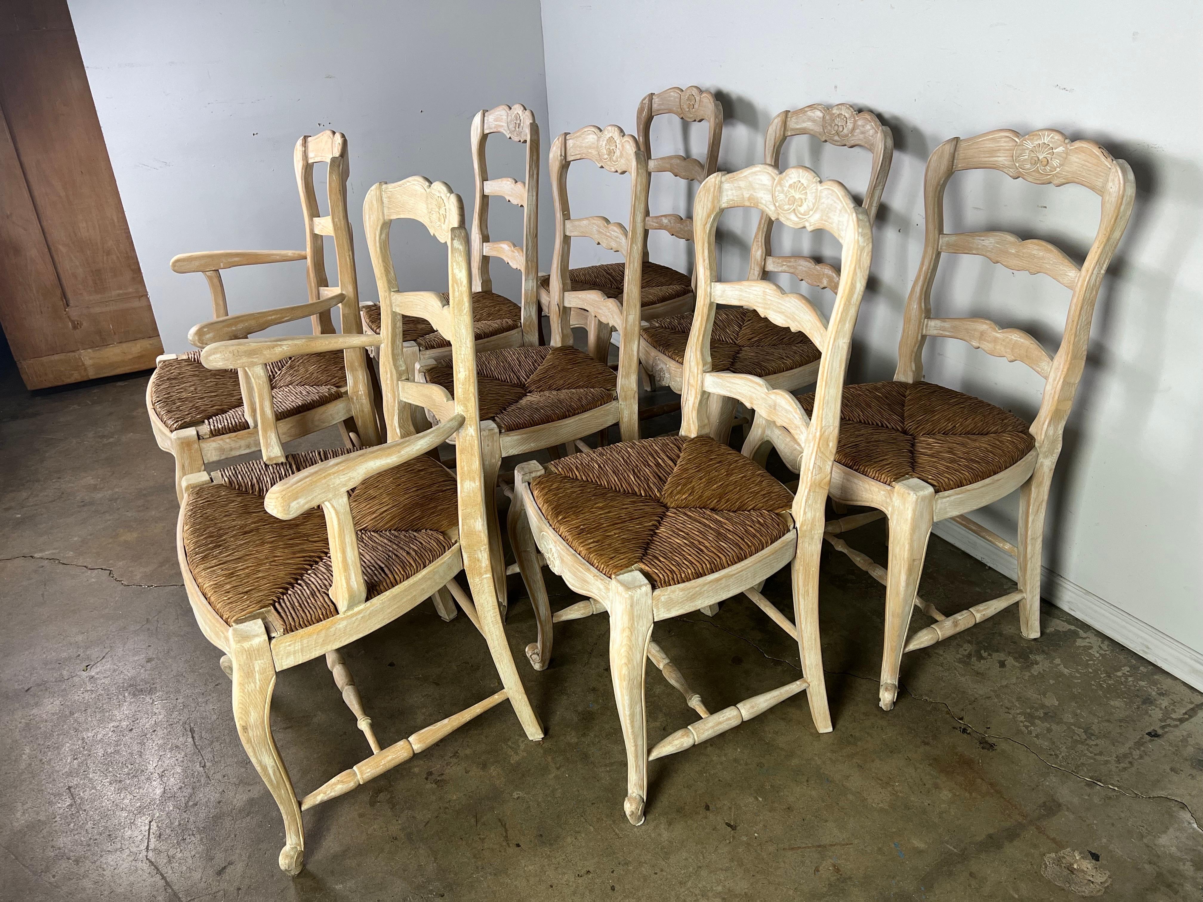 French Provincial Eight French Ladder Back Dining Chairs with Rush Seats
