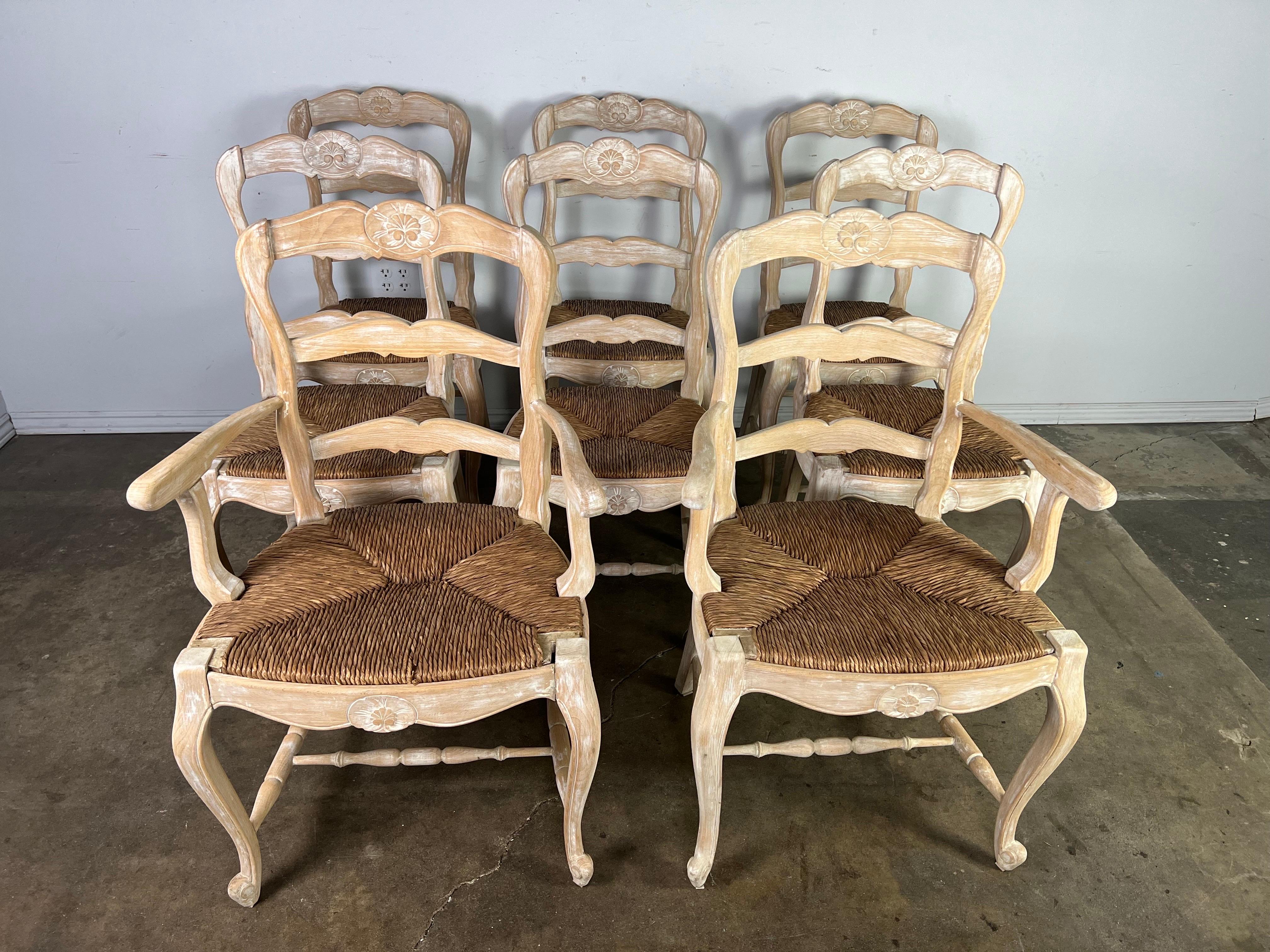 Carved Eight French Ladder Back Dining Chairs with Rush Seats