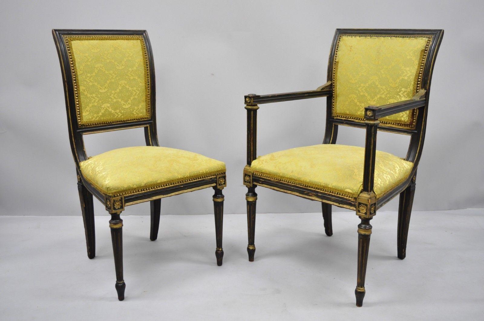 Set of eight French Regency style upholstered square back dining chairs. Item features 6 side chairs, 2 armchairs, shapely sinuous frames, upholstered square backs, distressed finish, tapered legs, great style and form, circa 1920
Measurements:

