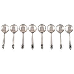 Eight Georg Jensen Acorn Bouillon Spoons in Sterling Silver